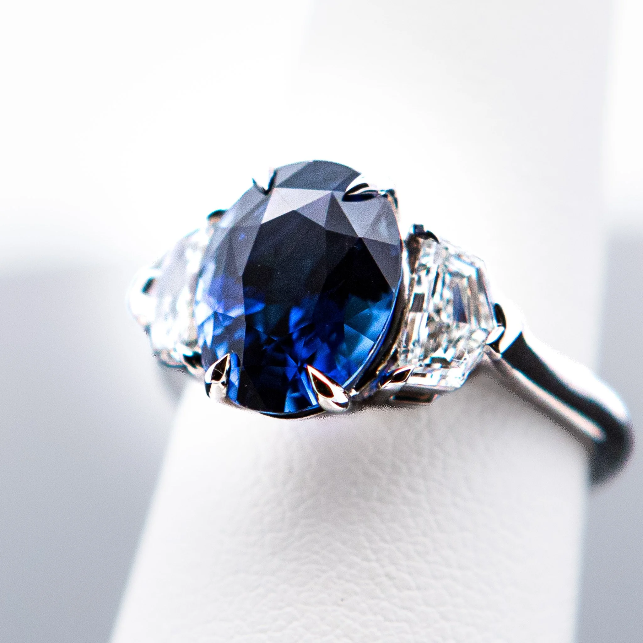 3 Stone Blue Sapphire and Cadillac Diamond Ring 14K