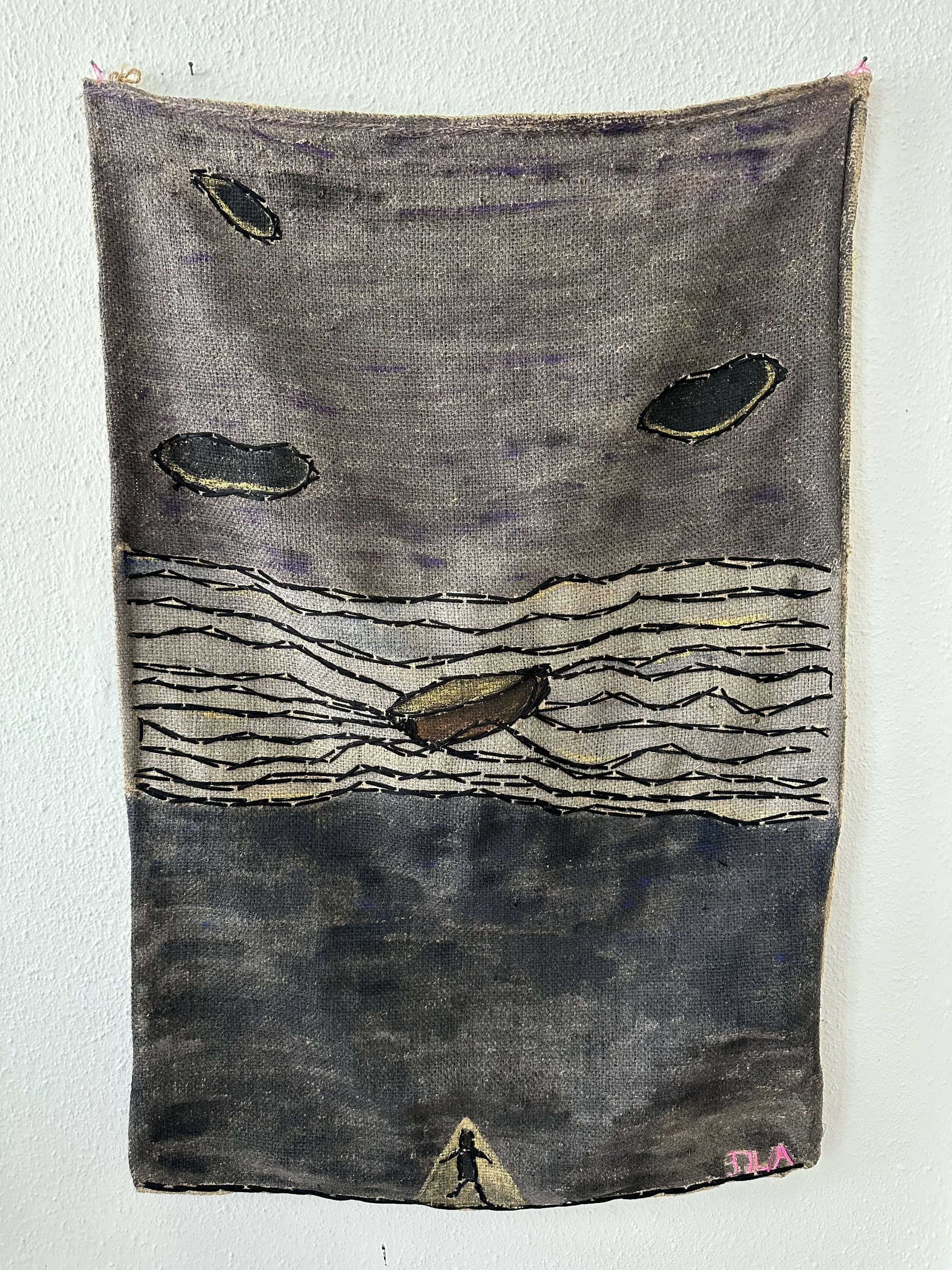 "two sidedness", "ship at see", stitch by-stitch sewing and acryl, jutesack