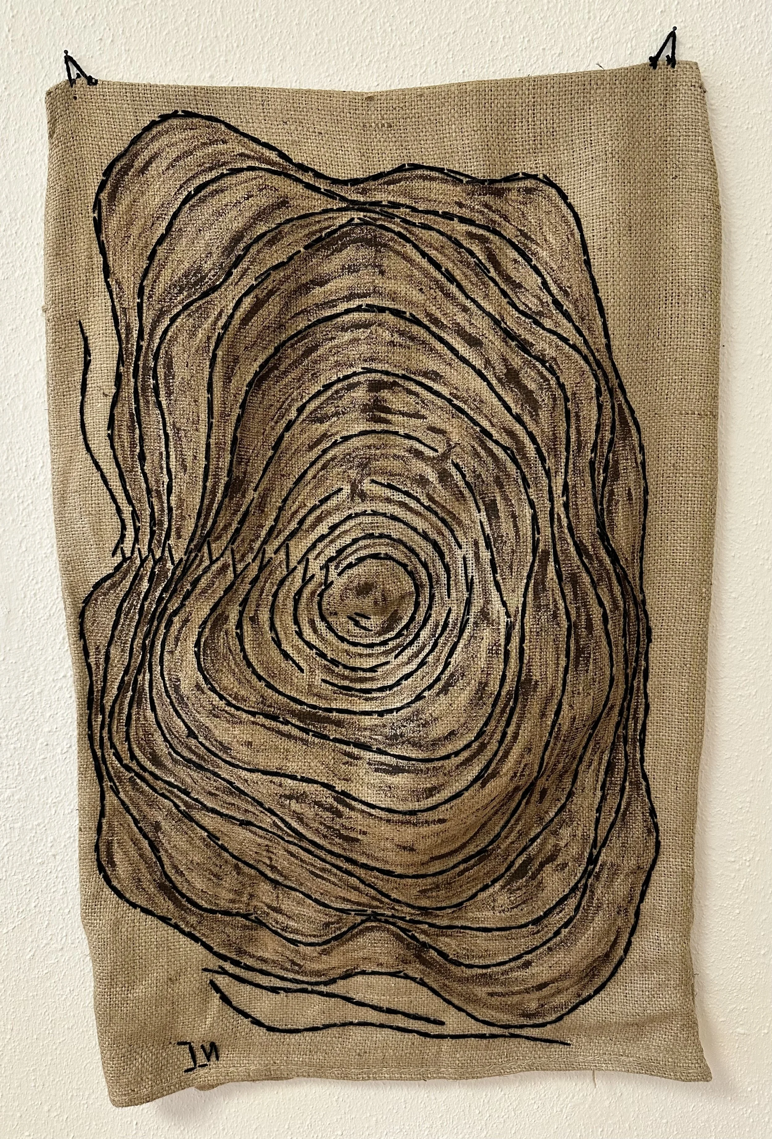 "two sidedness", "the black one", stitch by stitch-sewing and acryl on jutesack