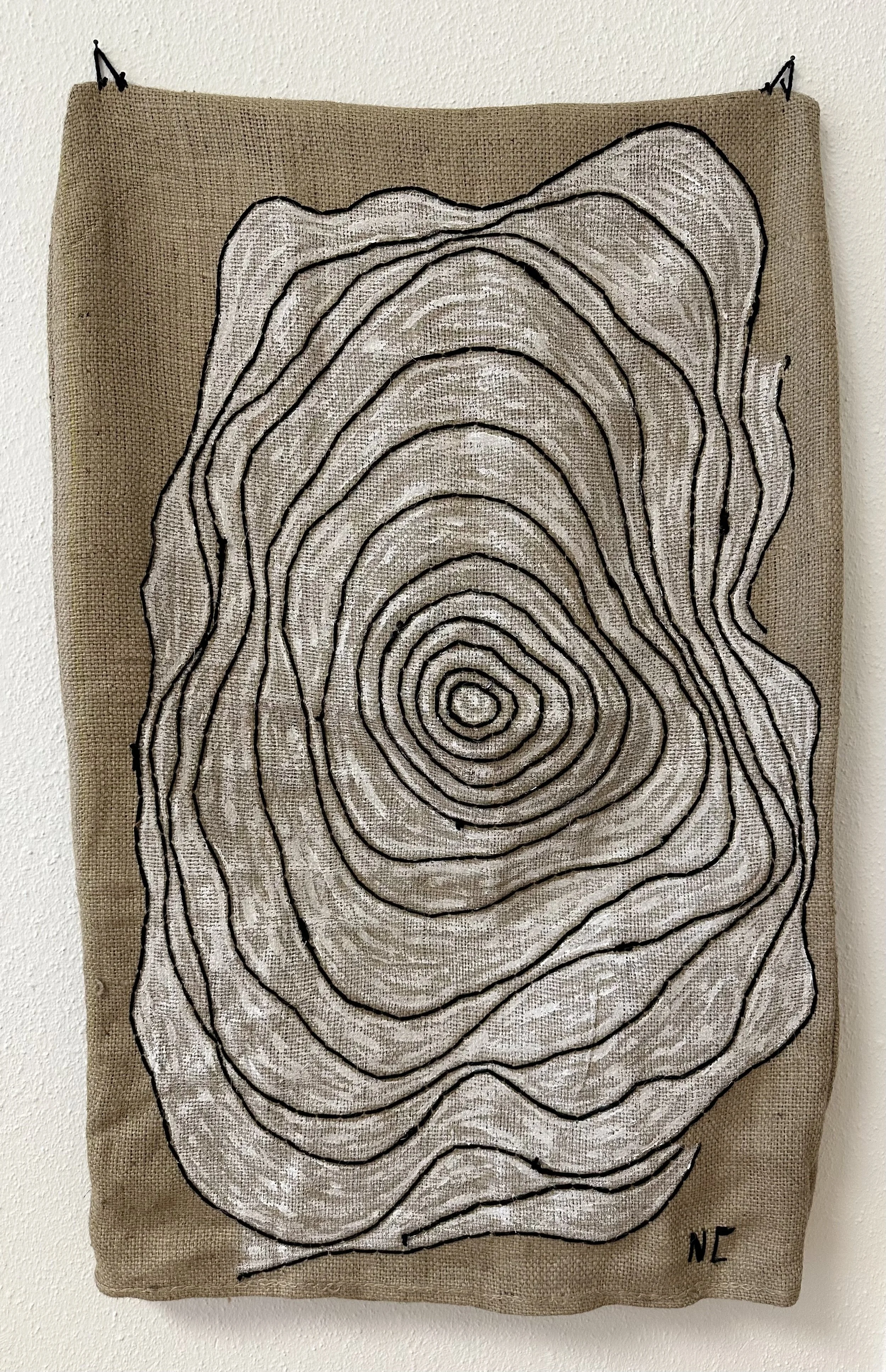 "two sidedness", "the white one", stitch by-stitch sewing and acryl, jutesack