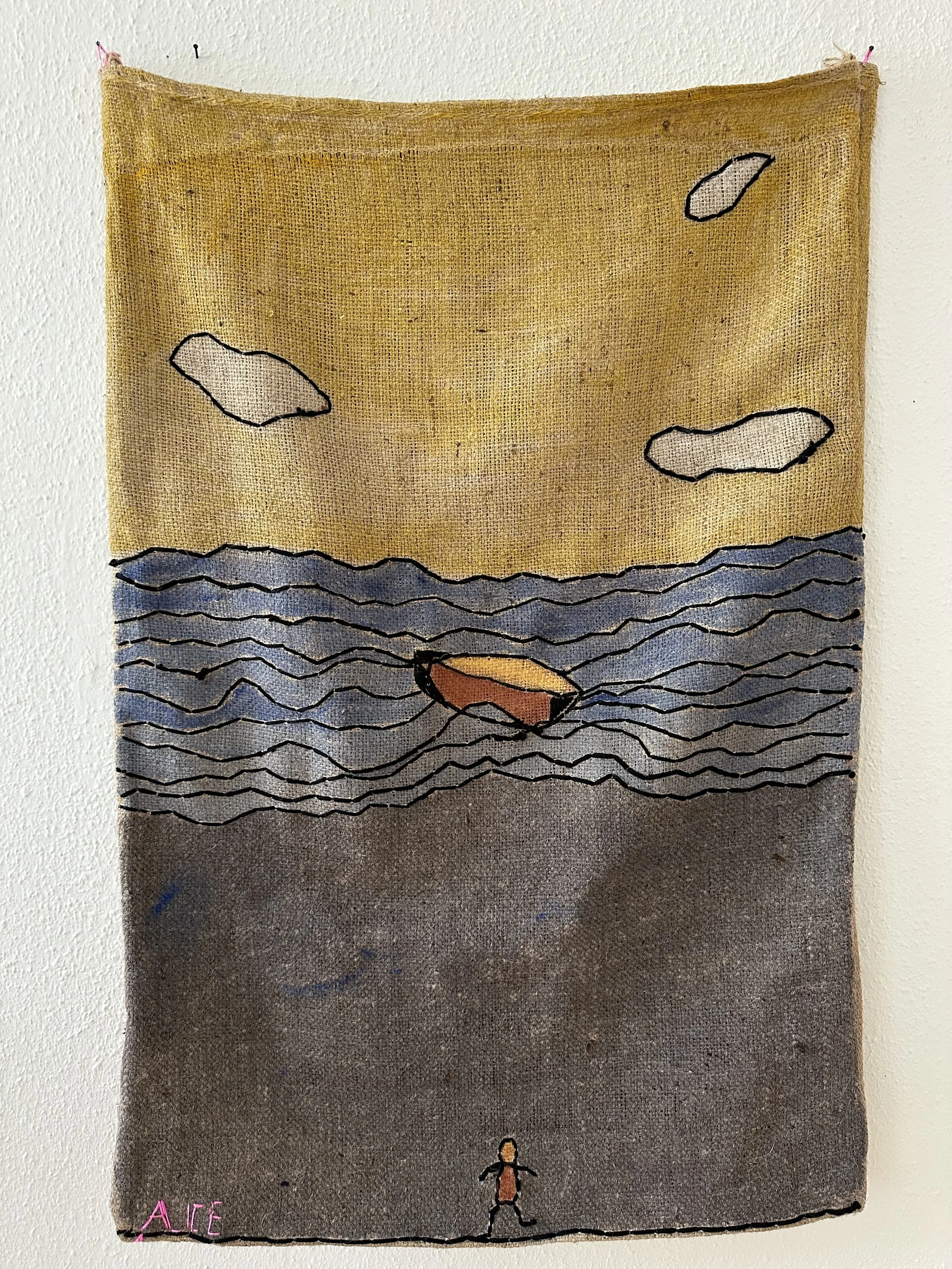 "two sidedness", "ship at see", stitch by-stitch sewing and acryl, jutesack