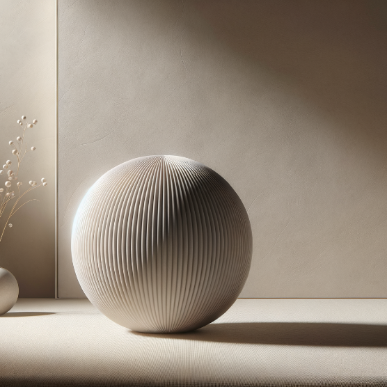 A large, textured, gray sphere on a light-colored surface with a shadow cast on the wall behind it, and a white vase with decorative branches on the left side.