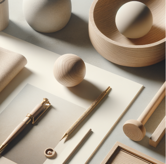 Minimalist wooden decor items, including a spherical ball, a ring-shaped bowl with another sphere inside, a wooden stick, and a small wooden disc, arranged on a neutral background.