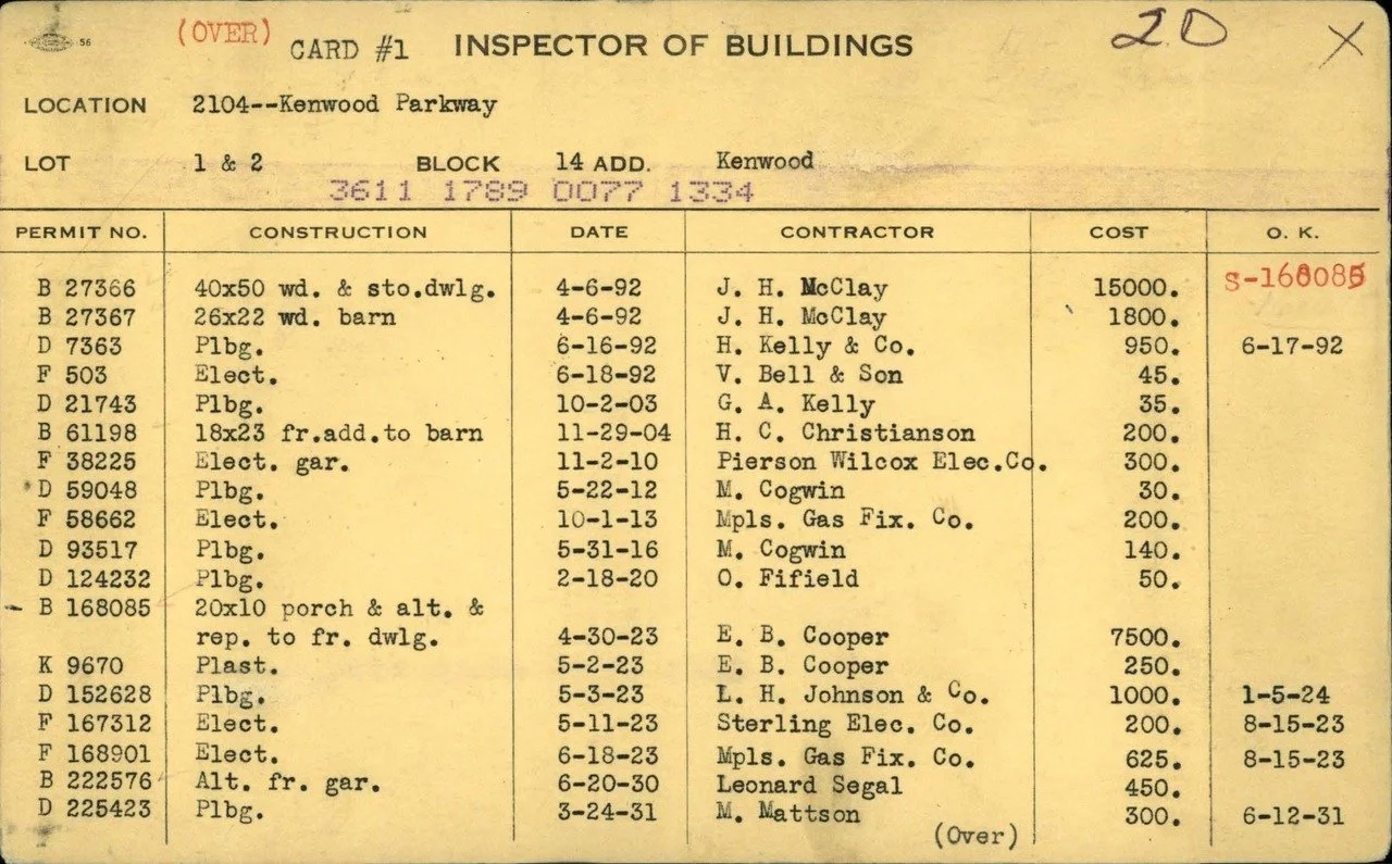 Historic inspector price sheet for 2104 Kenwood