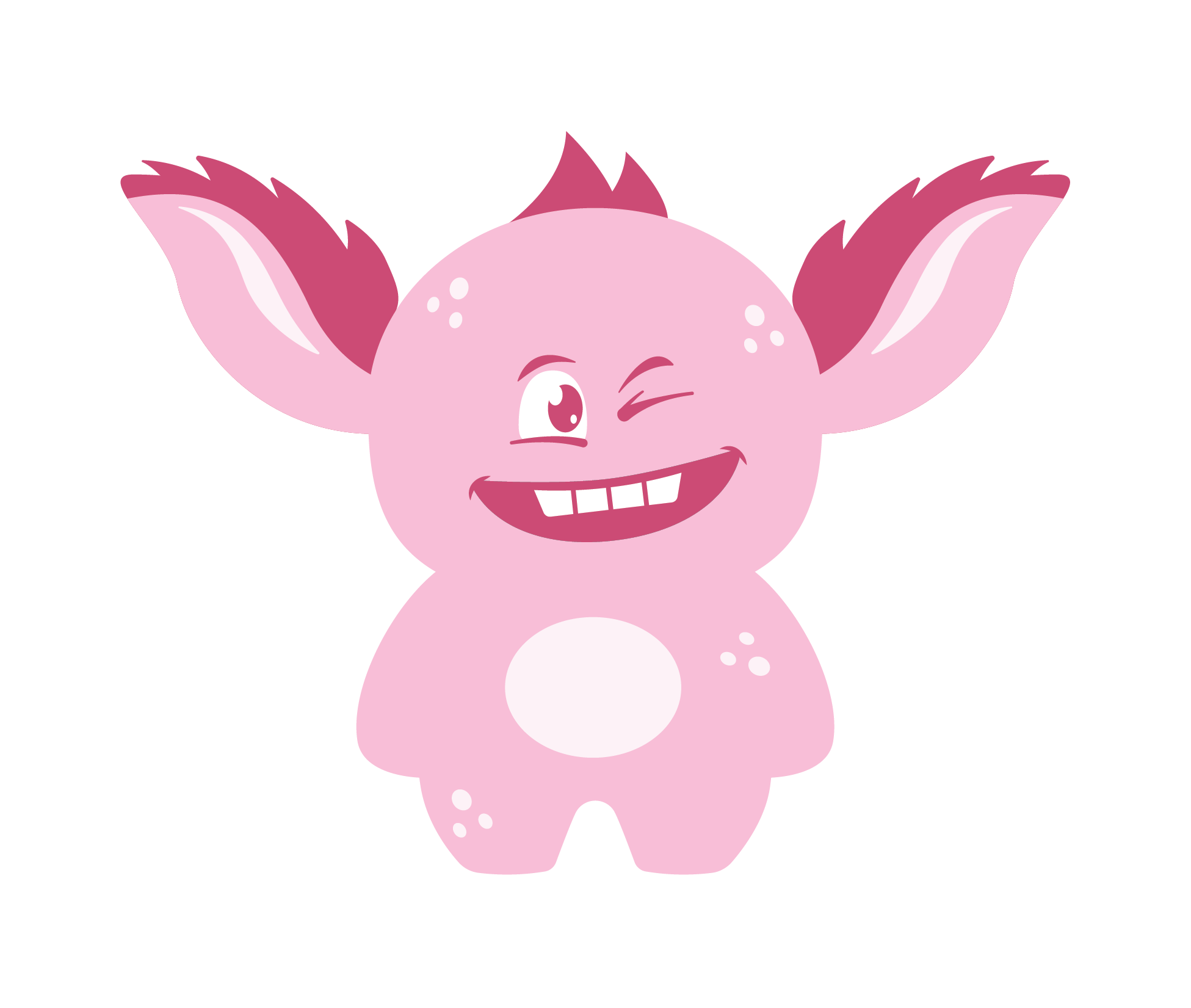 Cute pink cartoon goblin with large ears, one eye closed, and a big grin showing teeth, winking.