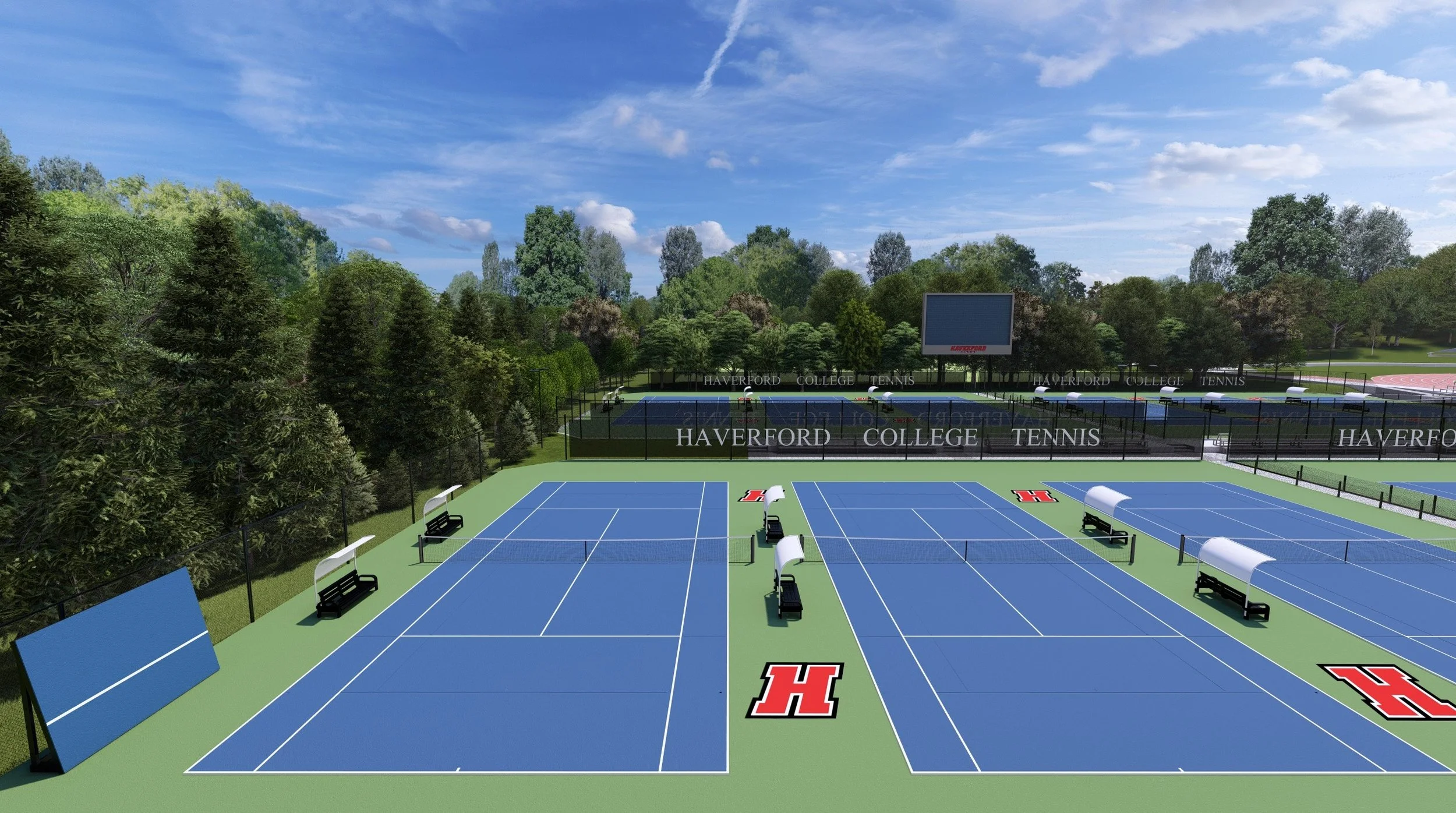 View of outdoor tennis courts at Haverford College surrounded by greenery and trees, with a large digital scoreboard, benches, and a track in the background under a blue sky with scattered clouds.