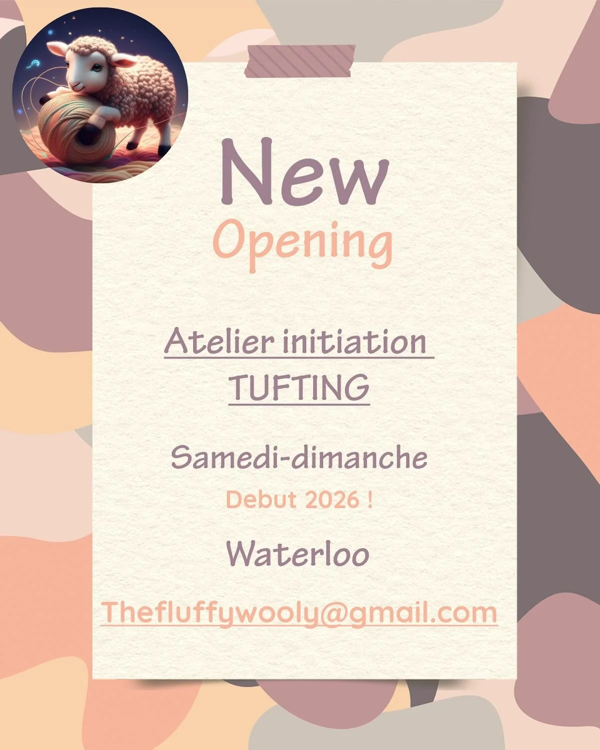 Bonjour &agrave; tous !

Je suis tr&egrave;s heureuse d&rsquo;annoncer l&rsquo;ouverture en d&eacute;but 2026 d&egrave;s initiations au Tufting &agrave; Waterloo.

Sous forme d&rsquo;ateliers de 4 &agrave; 5 personnes cela vous permettra de decouvrir
