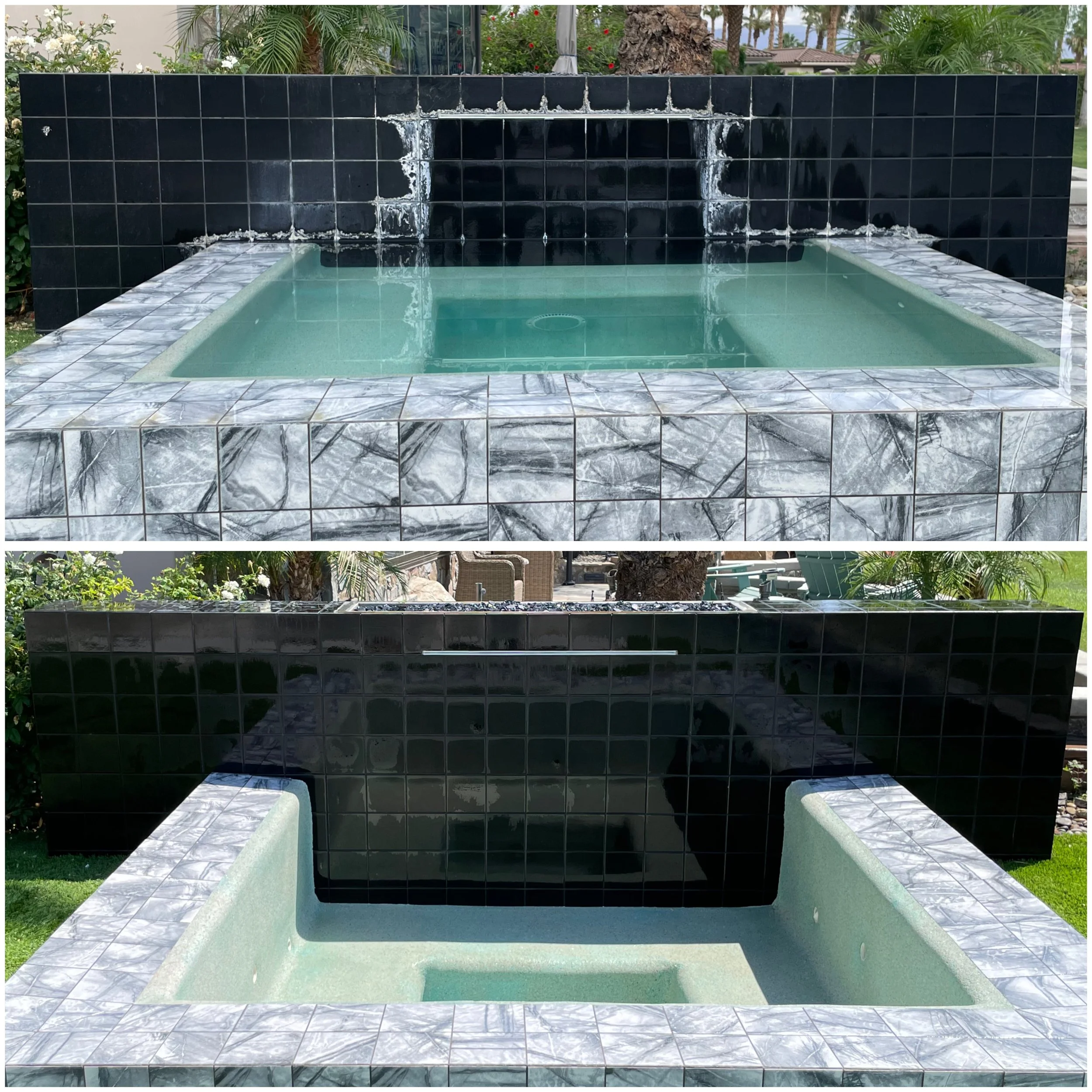 Two images of a backyard hot tub, one showing an open spa with water and the other with the cover closed, surrounded by tile and greenery.