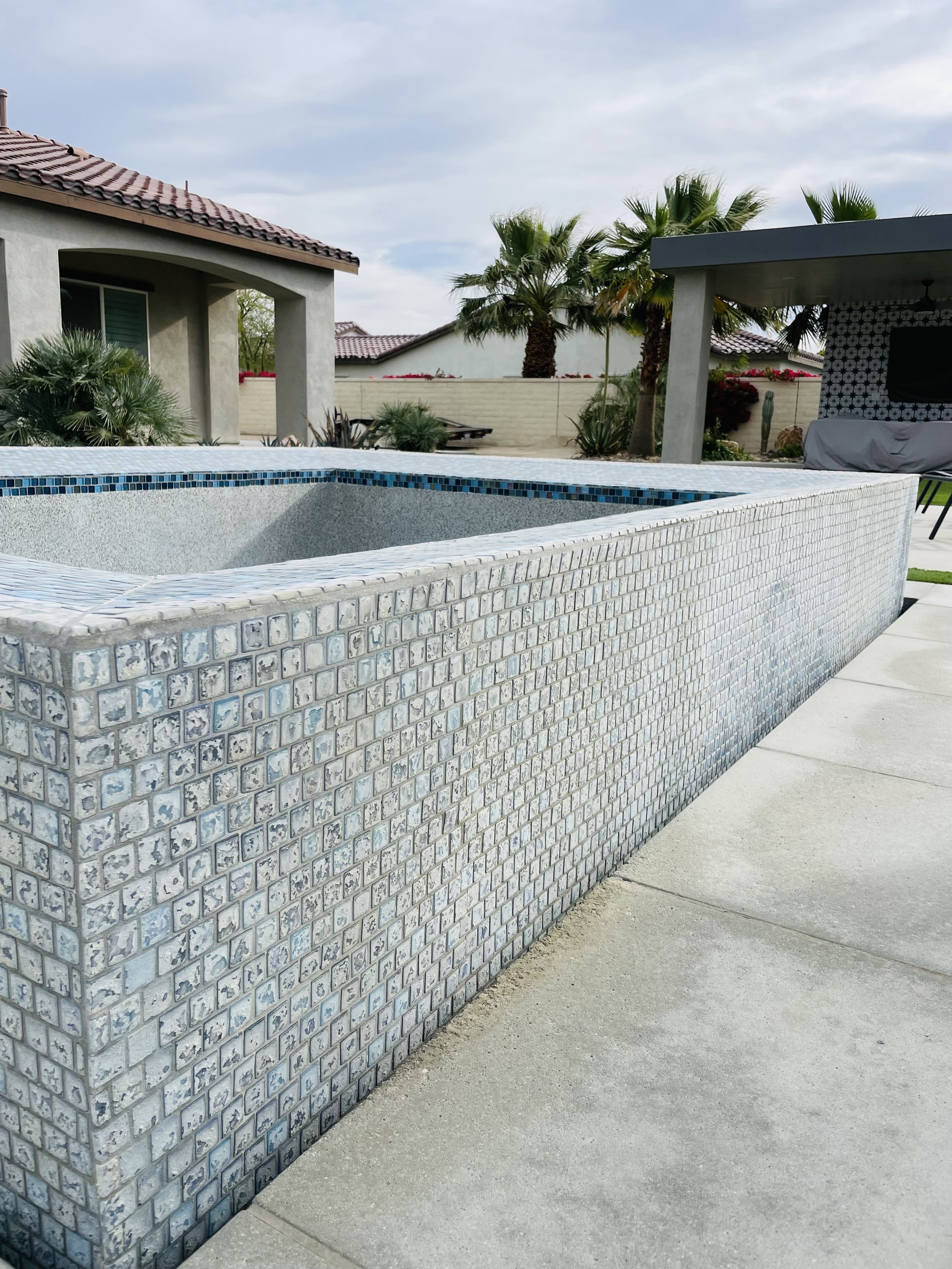 Empty swimming pool with tiled sides next to a beige concrete patio, surrounded by desert plants and palm trees, with houses and a sky in the background.