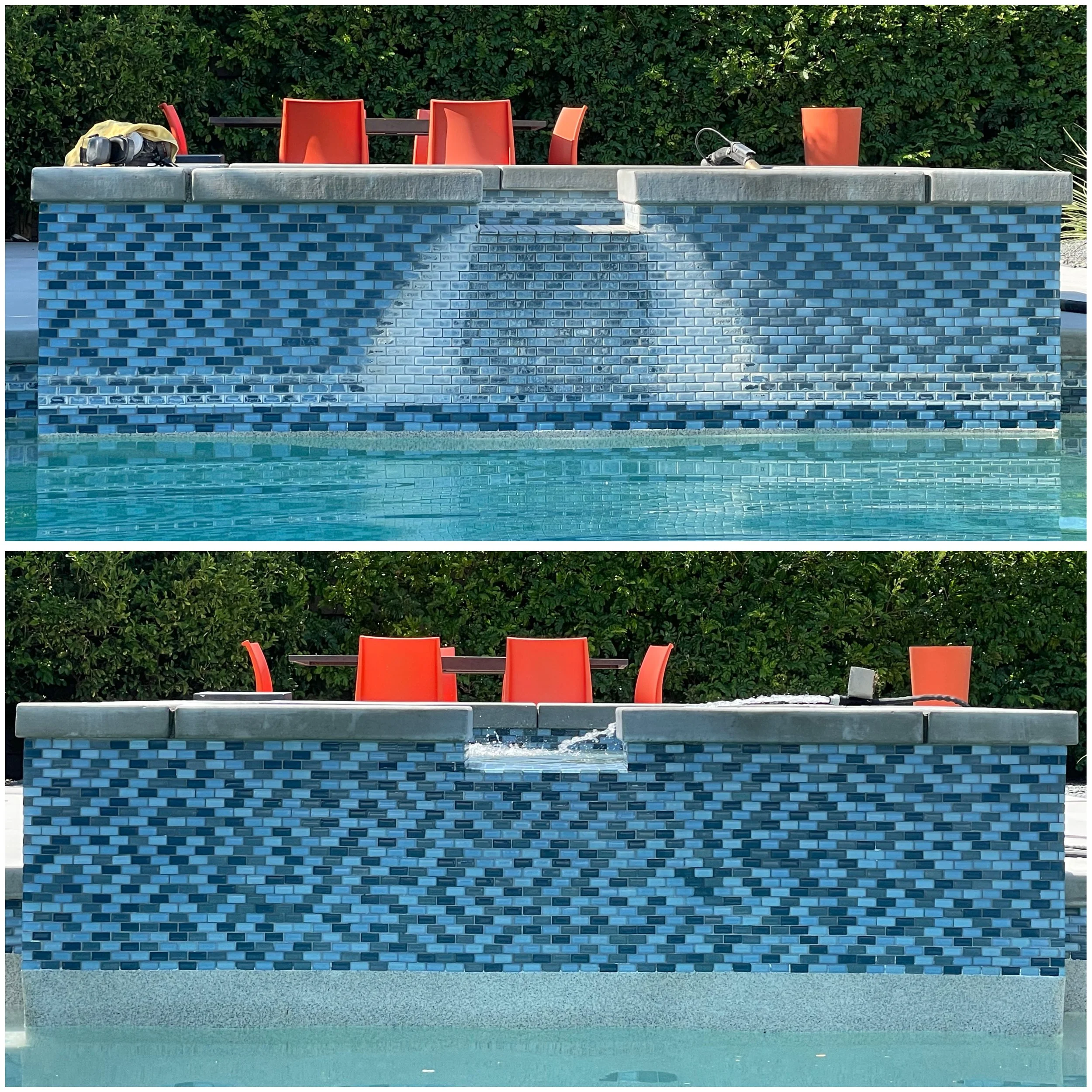 Two photos showing a swimming pool with a blue tiled wall fountain feature. The top photo depicts the fountain flowing water, and the bottom photo shows the water level increased with water flowing over the edge. Red chairs and outdoor equipment are 