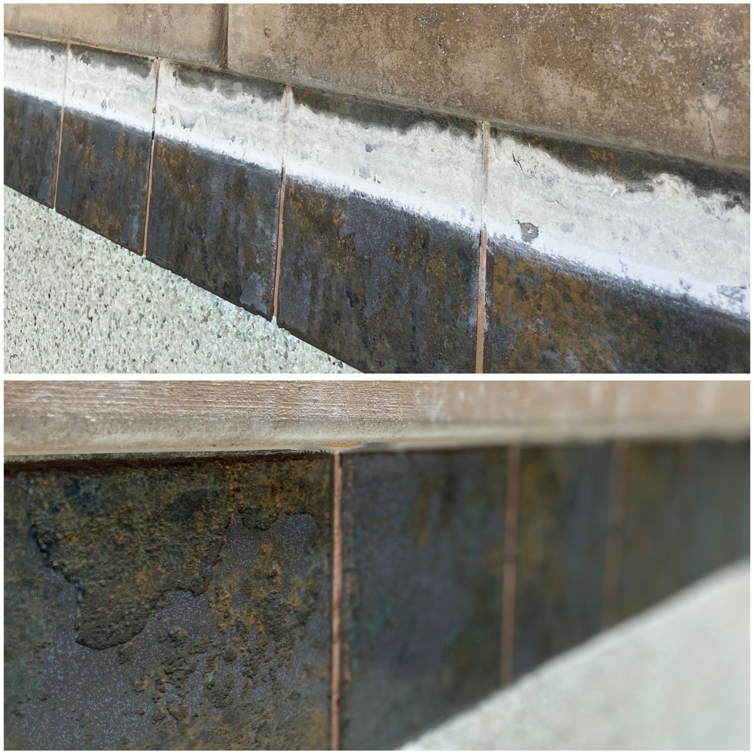 Close-up of a stone and tile border on a building exterior, showing weathering and oxidation.