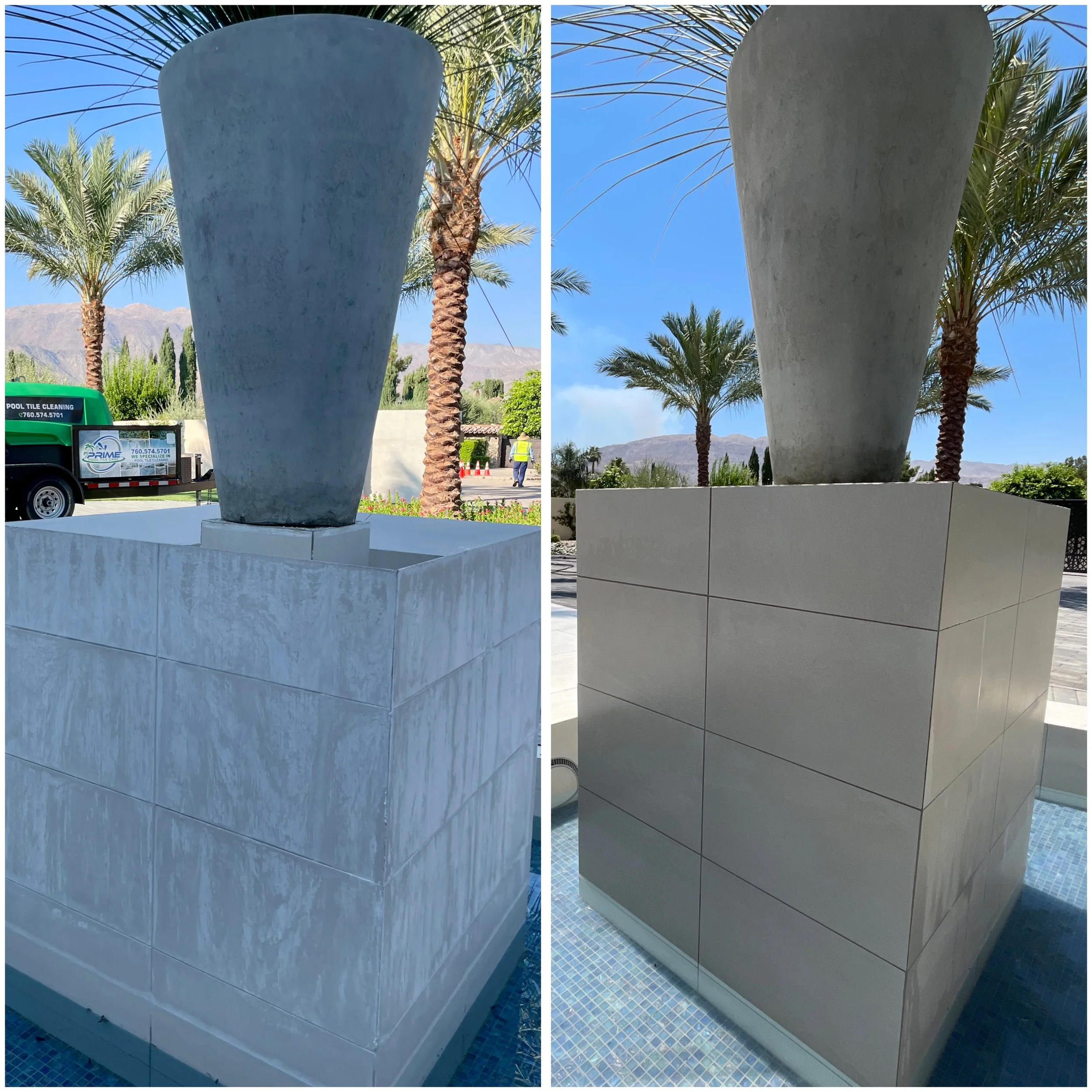 Comparison of two outdoor planter sculptures featuring large concrete vases with palm trees in the background. The left planter is made of polished marble blocks, while the right planter is constructed with beige tiles.
