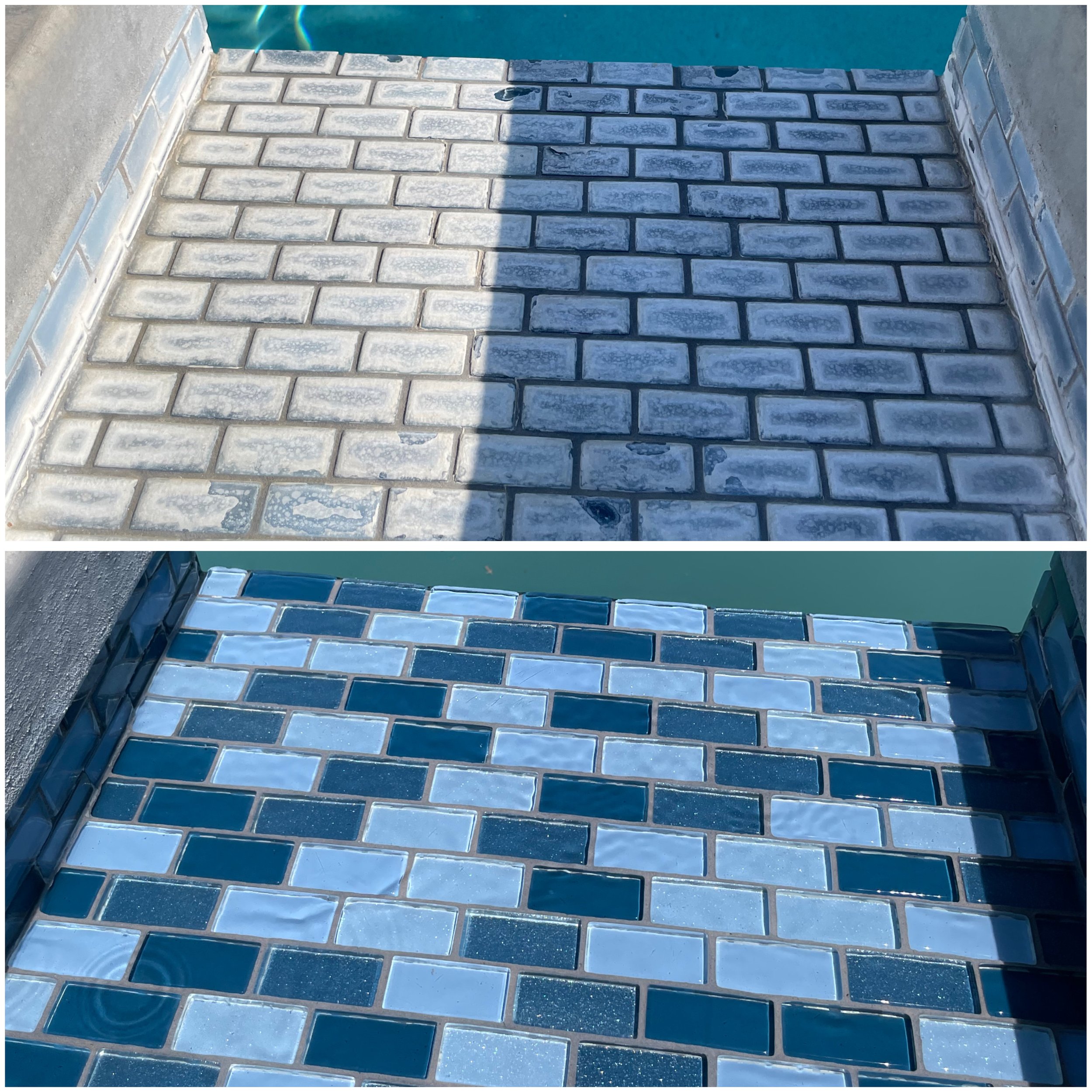 Close-up images of two different tiled surfaces, one with light gray bricks and the other with blue and white mosaic tiles, next to water.