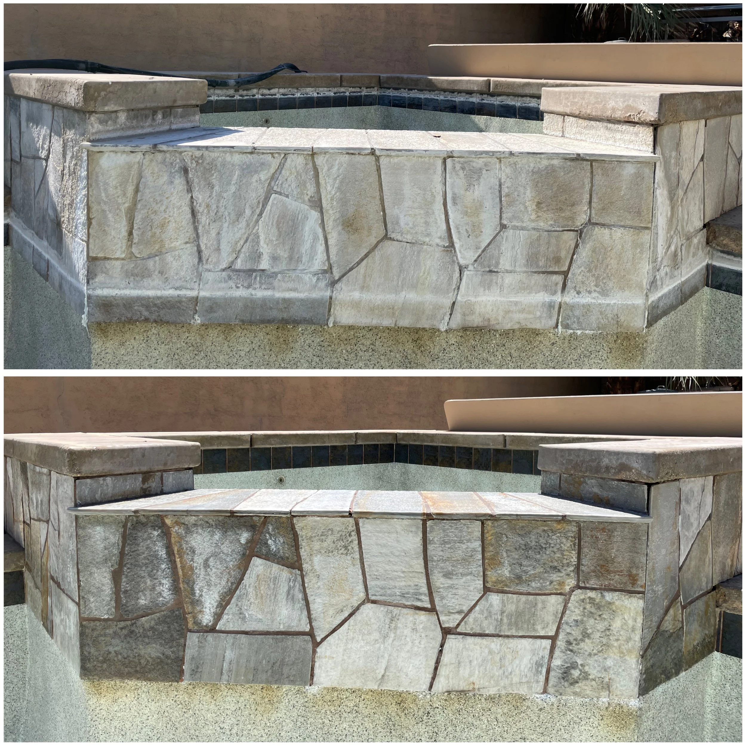Side-by-side comparison of a stone hot tub with one image showing the cleaned appearance and the other showing the weathered appearance.