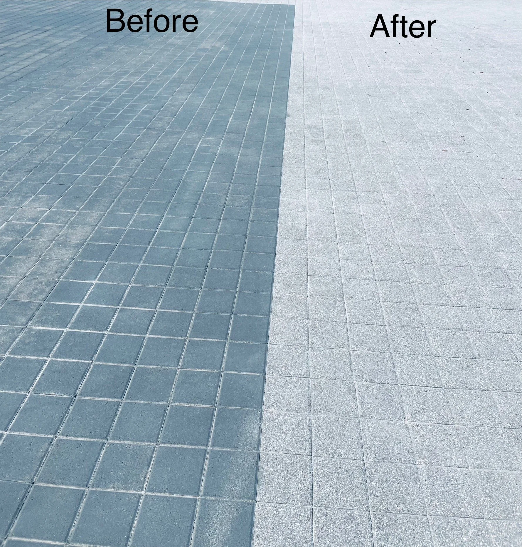 Comparison of two tiled sidewalk sections labeled 'Before' and 'After'; the before section has darker, more uniform tiles, while the after section has lighter, more textured tiles.
