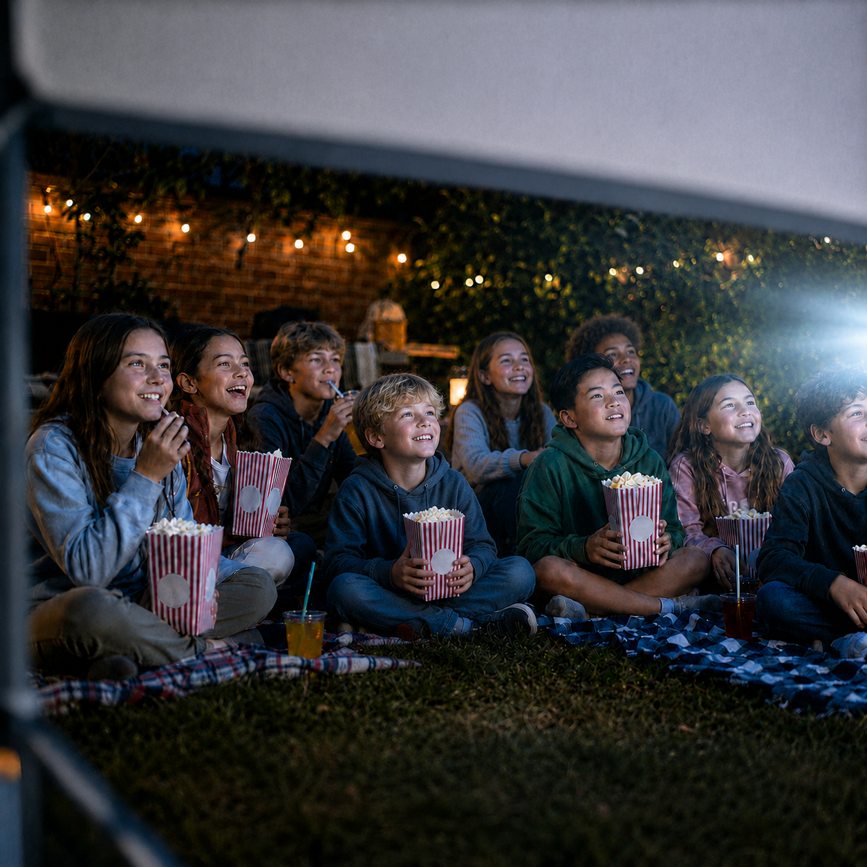 Children watching a movie outdoors in a backyard at night, sitting on a blanket, holding popcorn, with string lights and greenery in the background.