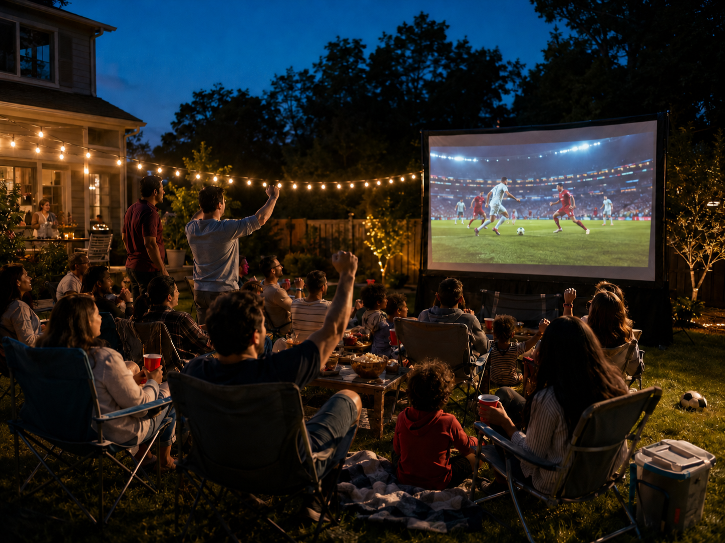 People gathered in a backyard watching a soccer game on an outdoor projector screen in the evening, with string lights overhead and a house in the background.