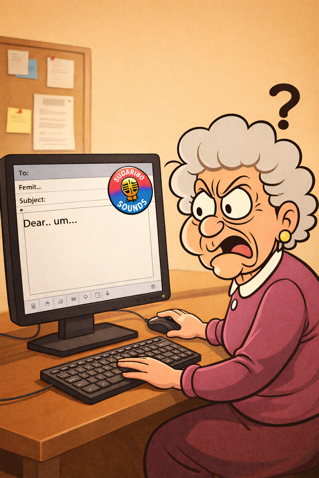 An animated elderly woman with gray curly hair and a pink dress sitting at a desk, looking angry or confused while using a computer. The monitor displays an email draft with the words 'Dear... um...' and a sticker with the text 'Sudaribo Sounds'.