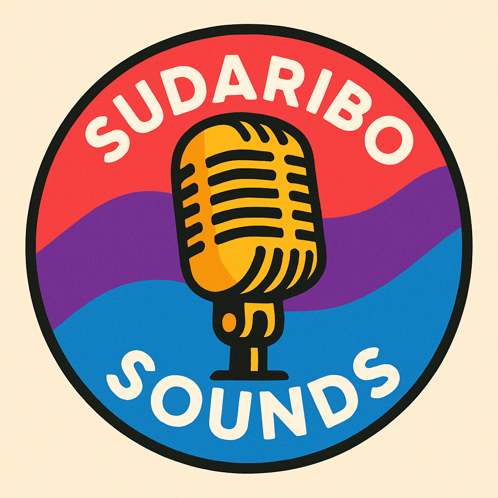 A circular logo with the words 'Sudaribo Sounds' surrounding a vintage microphone against a colorful, abstract background with purple and blue waves.