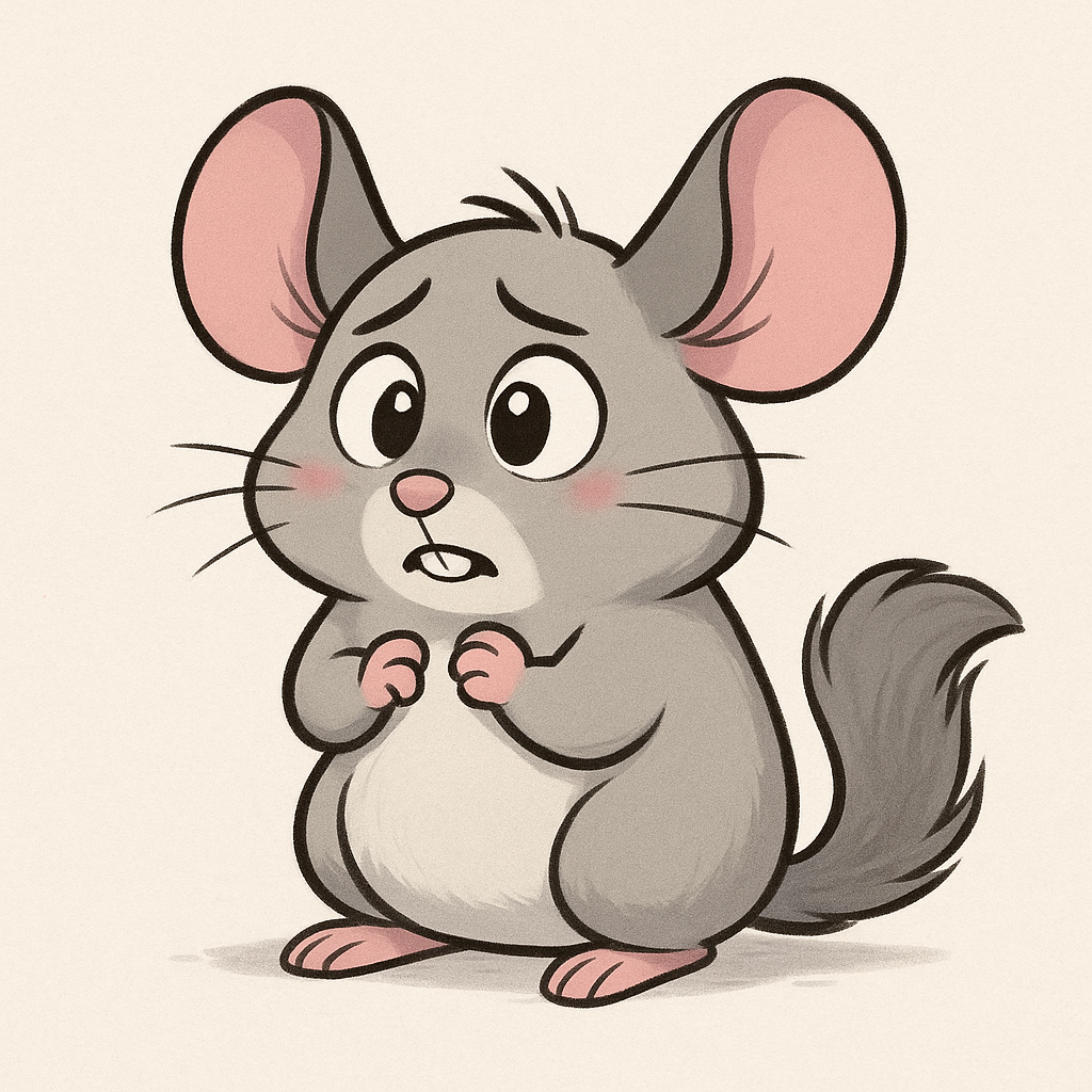 Cartoon illustration of a worried gray mouse with pink ears and cheeks, holding its hands near its chest.