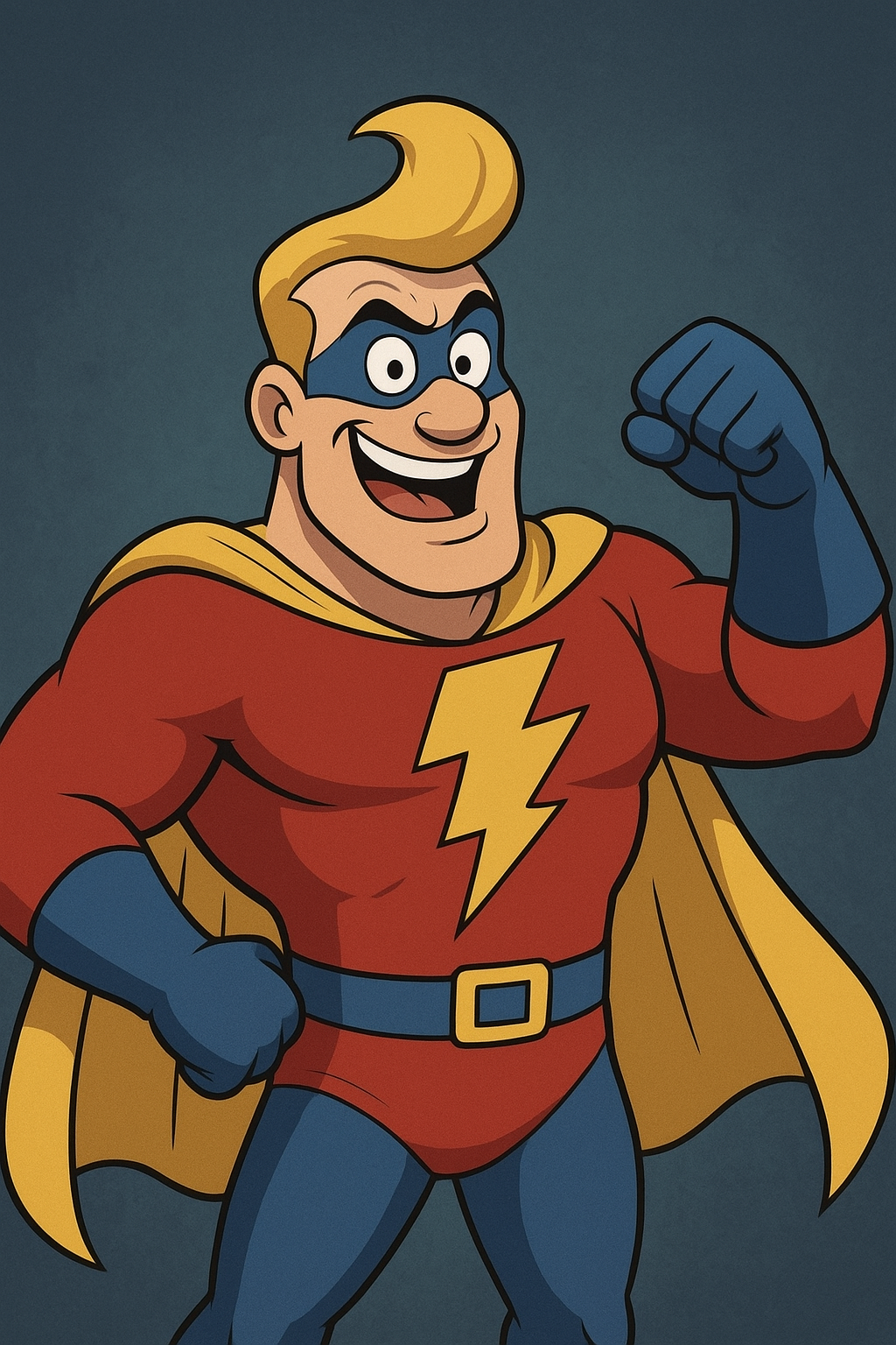 A cartoon superhero with blonde hair, wearing a red and yellow costume with a lightning bolt emblem on his chest, blue gloves, a yellow cape, and a blue mask, smiling and flexing his right arm.