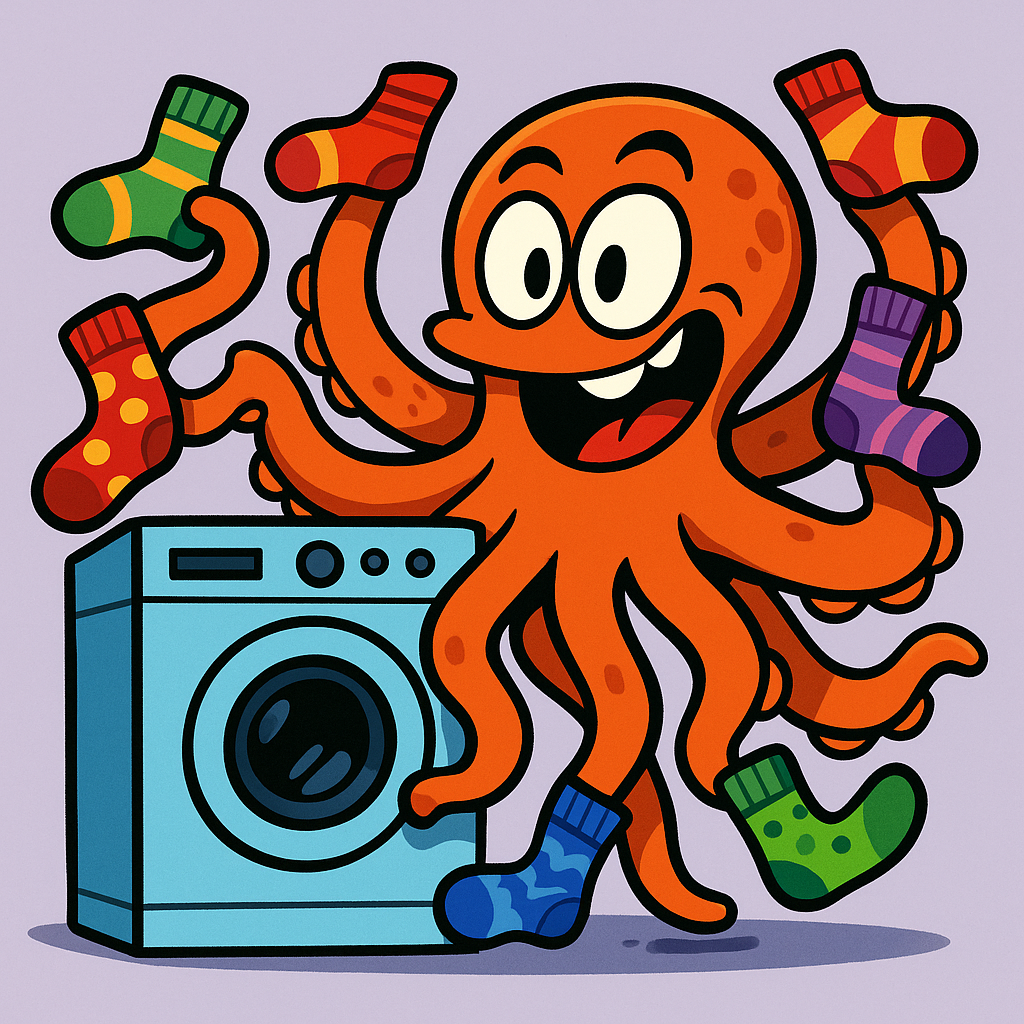 A cartoon orange octopus with big eyes and a wide smile, wearing colorful socks, standing next to a washing machine and holding up socks.