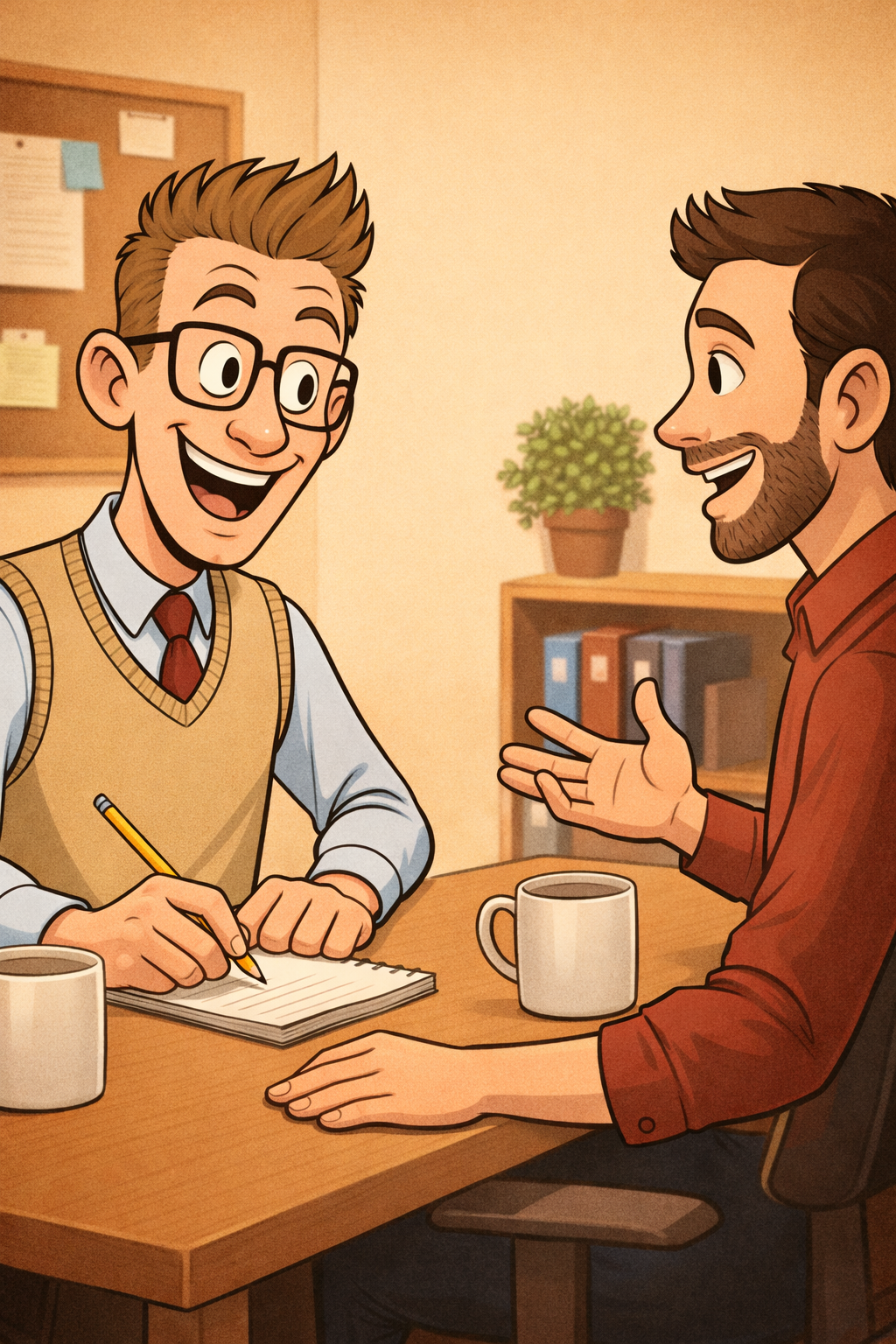 Two men engaging in a conversation at a desk in an office, with one taking notes and the other gesturing while speaking, both smiling and enjoying the discussion.