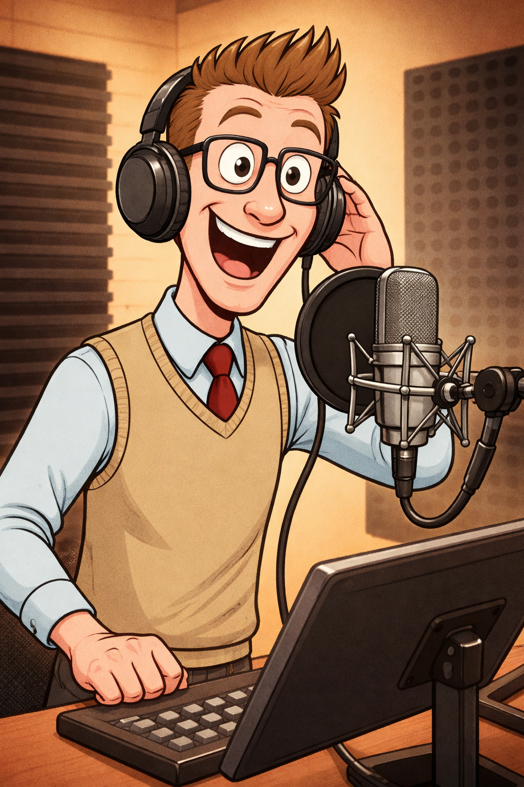 Cartoon of a happy man in a recording studio wearing headphones, glasses, a beige vest over a blue shirt, and a red tie, speaking into a professional microphone while looking at the computer monitor.