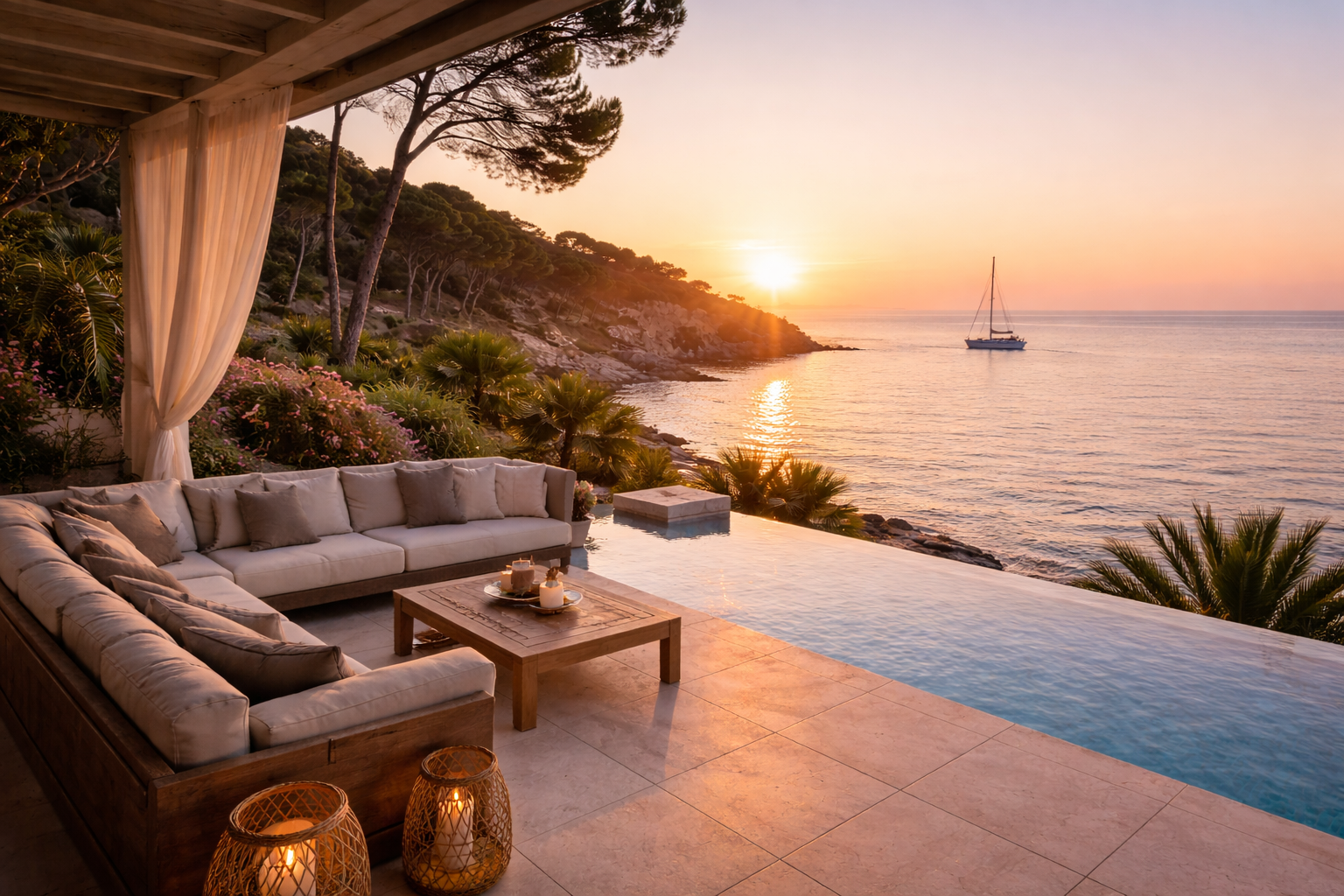 Vue d'une terrasse avec salon en teck, coussins, et lanternes, donnant sur la mer au coucher du soleil, avec un bateau à voile au loin, entourée de végétation méditerranéenne.