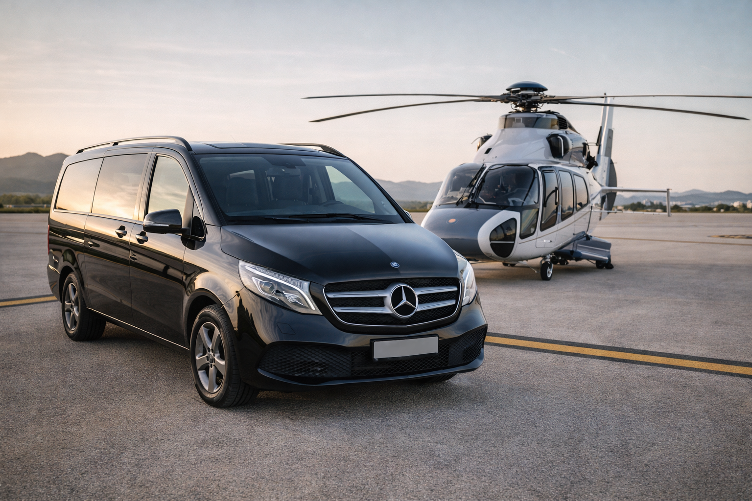 Une voiture noire Mercedes-Benz et un hélicoptère blanc stationnés sur un tarmac d'aéroport au coucher du soleil.