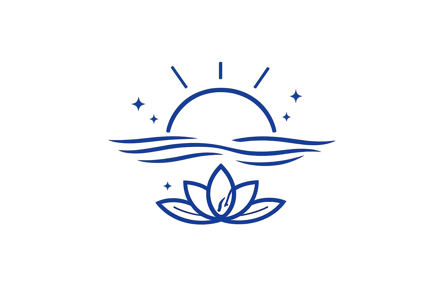 Logo de spa avec une fleur de lotus, des vagues stylisées, un cercle stylisé et des éléments de relaxation, en couleurs bleu et blanc.