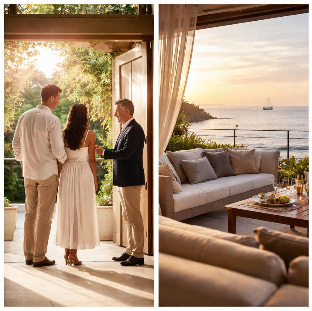Gros plan d'un salon avec vue sur la mer au coucher du soleil, canapé gris avec coussins, table basse avec nourriture et boissons, vue panoramique sur la mer et un bateau au loin.