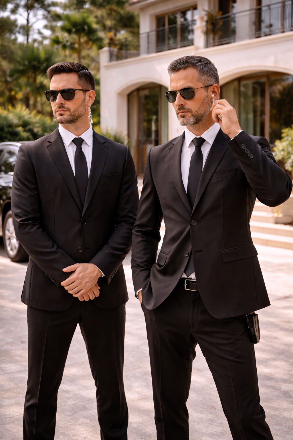 Deux hommes en costume noir avec des lunettes de soleil, l'un avec un micro câblé derrière l'oreille et l'autre qui ajuste son écouteur, debout devant une villa moderne avec un grand escalier et des arbres en arrière-plan.