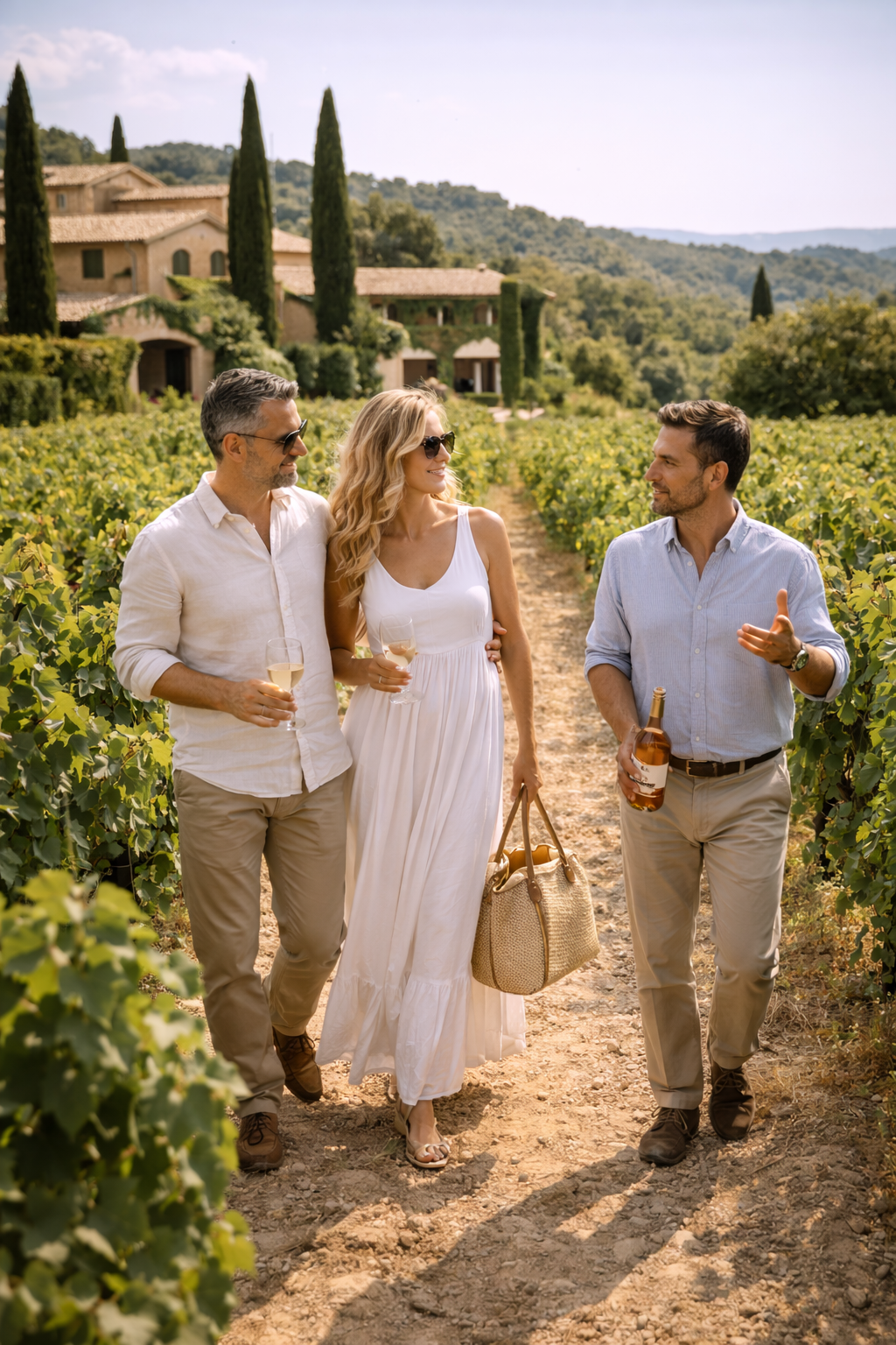 Trois personnes marchant dans un vignoble en discutant, tenant des verres de vin, avec une maison de style méditerranéen en arrière-plan, par une journée ensoleillée.