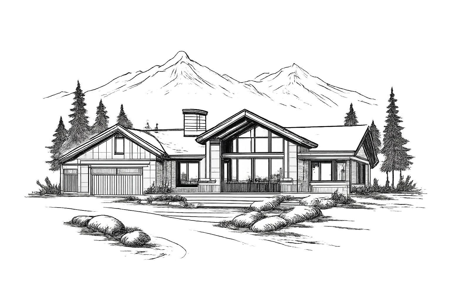 Luxury mountain home rendering by Snow Peak Customs showcasing custom architectural design-build craftsmanship.