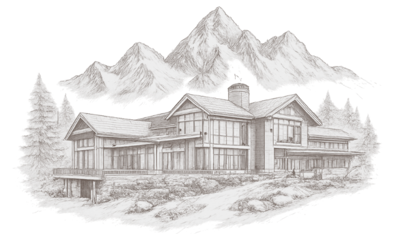 Architectural rendering of a luxury custom mountain home with timber detailing and large windows, designed through a full-service design-build process.
