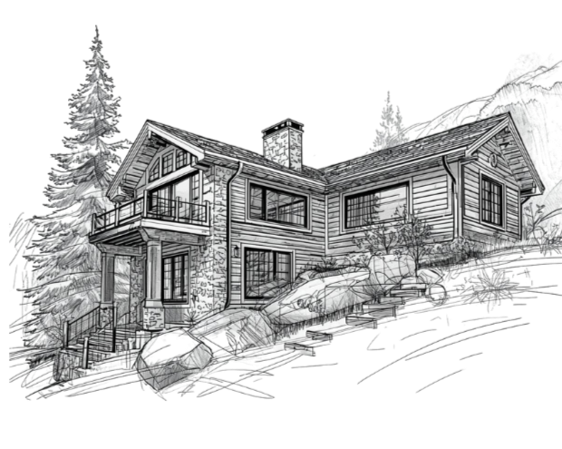 Exterior architectural rendering showcasing a custom mountain residence designed from concept to completion.