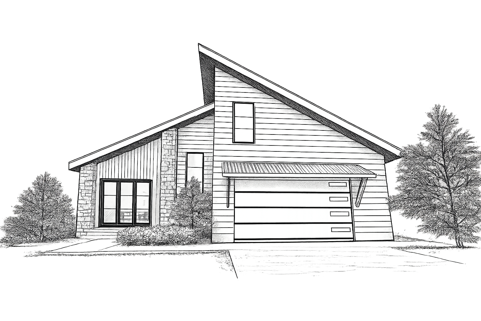 Sketch of a modern house with a sloped roof, large windows, and a garage, surrounded by trees.