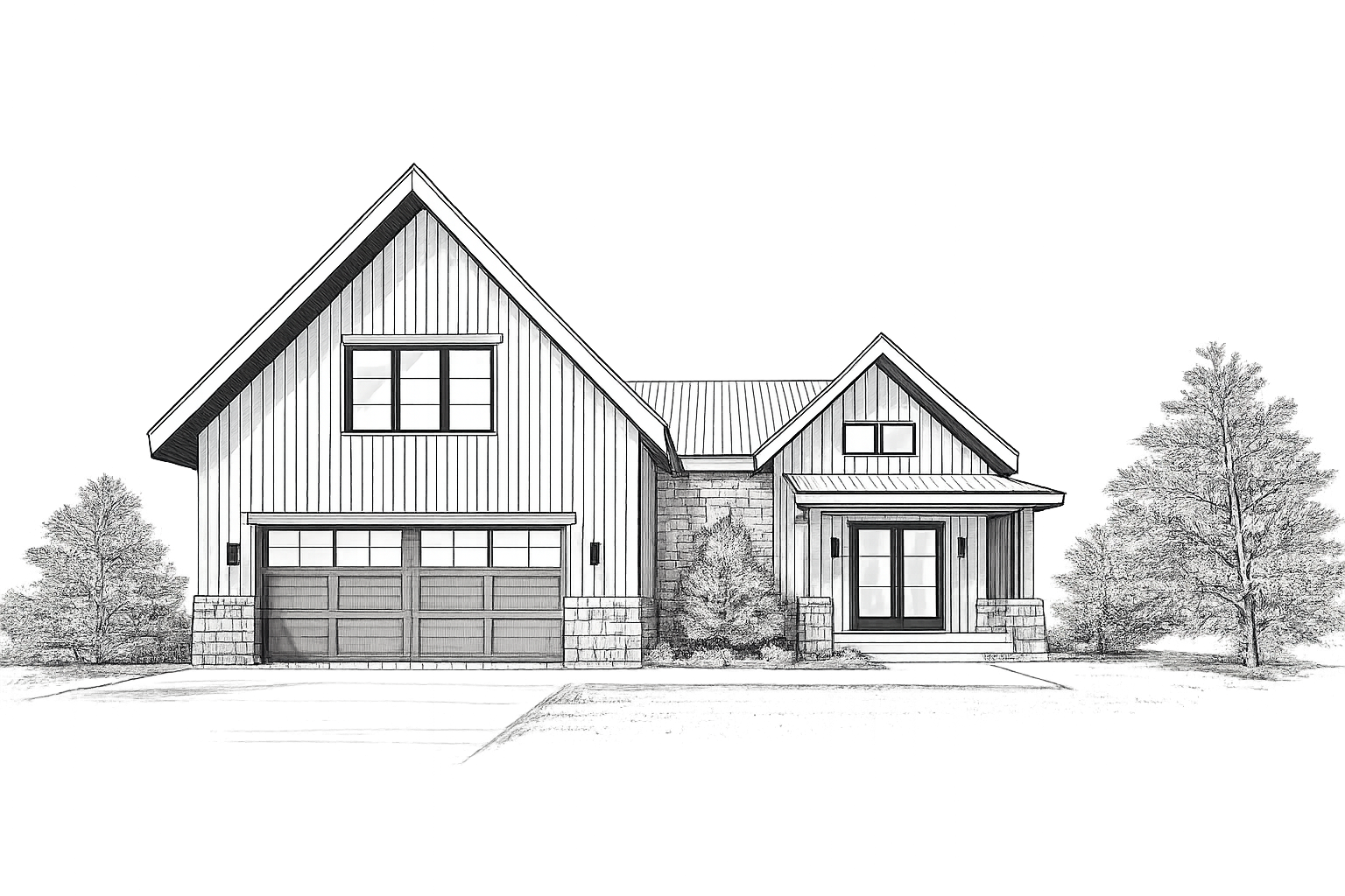 A black and white exterior rendering of a modern house with a gabled roof, large front windows, a garage, and surrounding trees.
