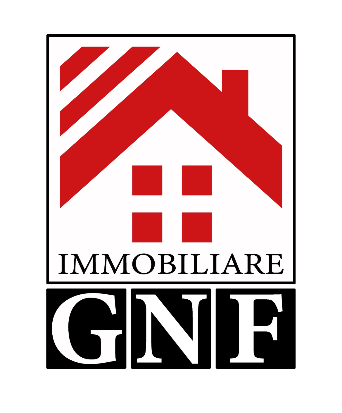 Un logo di un'agenzia immobiliare con casa stilizzata in rosso e nero con la scritta "Immobiliare GNF".