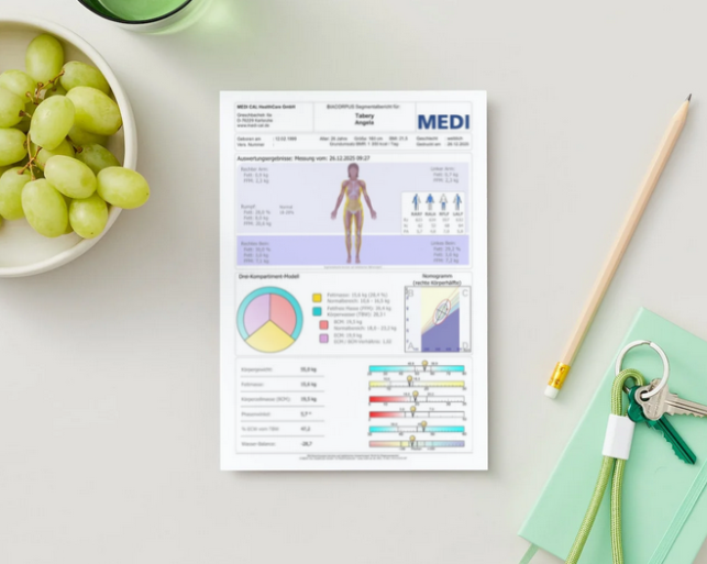 Ausdruck von einem Ergebnis einer BIA-Messung. Zu sehen sind darauf Diagramme und die Ergebnisse zu Fettmasse, Muskelmasse, Körperwasser und vieles mehr.