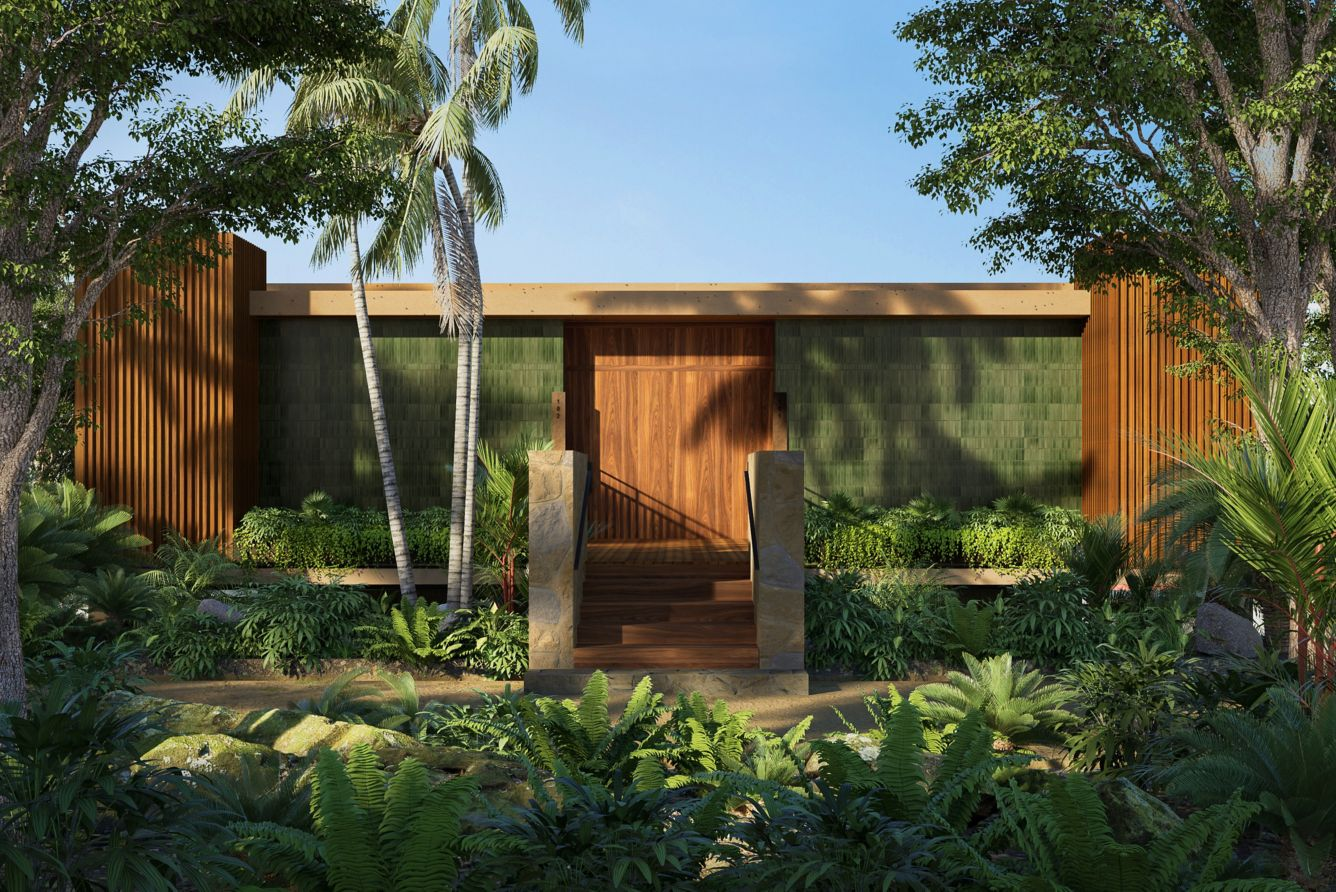 Modern house with wooden entrance, green wall accents, surrounded by tropical plants and trees, under a clear blue sky.