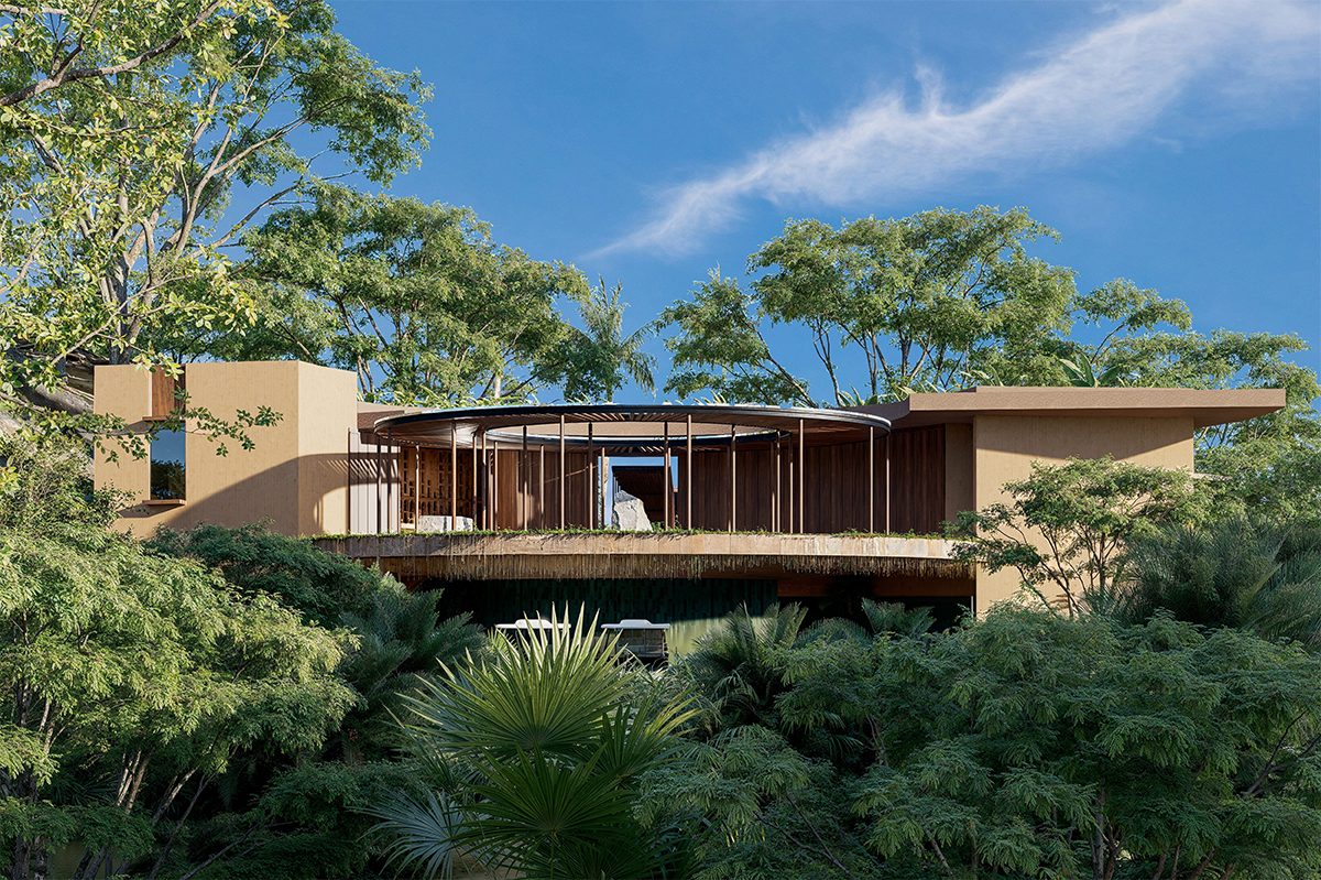 Modern house built into a hillside, surrounded by lush green trees, with a curved, open porch with wooden pillars, during daytime.