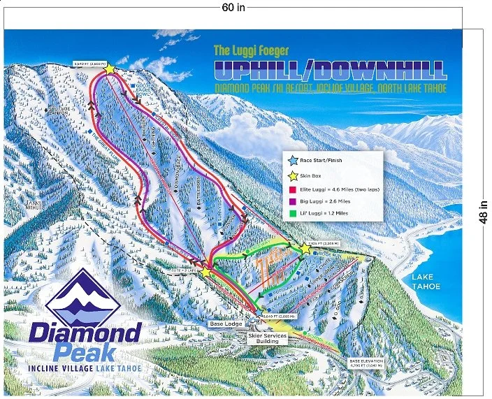 Map of Diamond Peak ski resort in Incline Village, Lake Tahoe, showing ski trails, lifts, and base amenities. Trails are color-coded for difficulty, with ski lifts indicated. The map includes landmarks such as the Base Lodge and Skyer Services Buildi