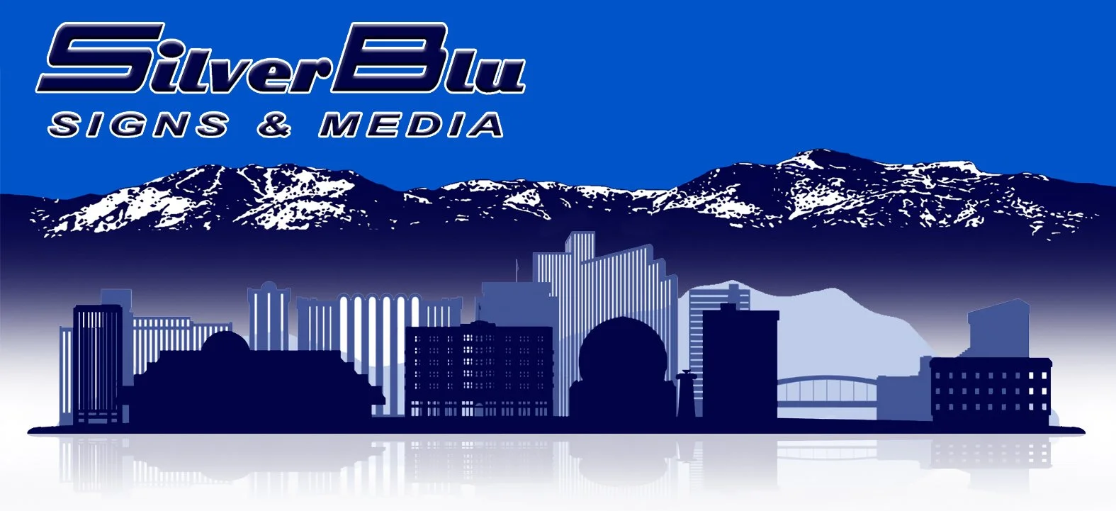 Skyline illustration of a city with tall buildings and a mountain range in the background, overlaid with the text 'Silver Blu Signs & Media'.