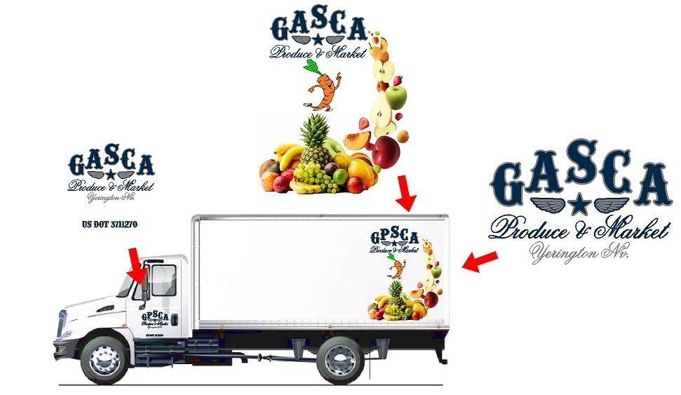 A delivery truck for GASC Produce & Market with a large logo of fresh fruits and vegetables on it, and two smaller logos of the same company on separate parts of the image, all pointing to the truck.