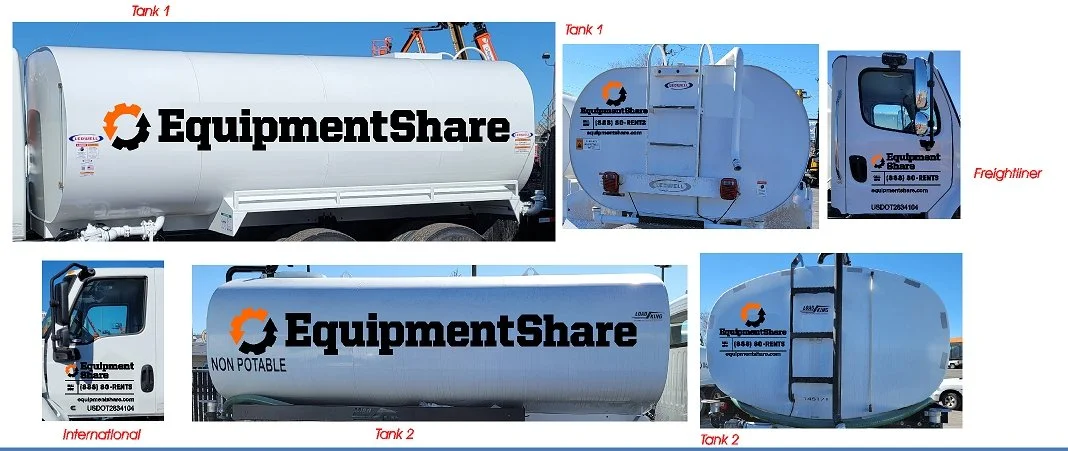 Collection of various tanks and trucks displaying EquipmentShare branding, including a tanker truck, a non-potable water tank, and a Freightliner truck.