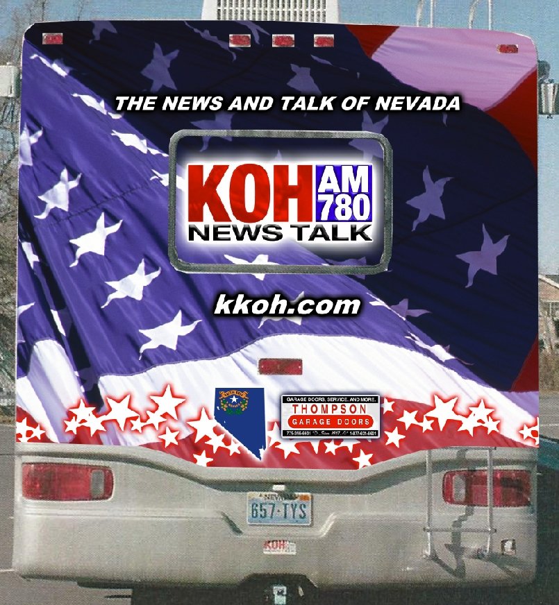 The back of a bus with a large American flag design, advertising the KOHL AM 780 News Talk radio station, with the tagline 'The News and Talk of Nevada,' the website kkoh.com, and ads for Thompson Garage Doors.