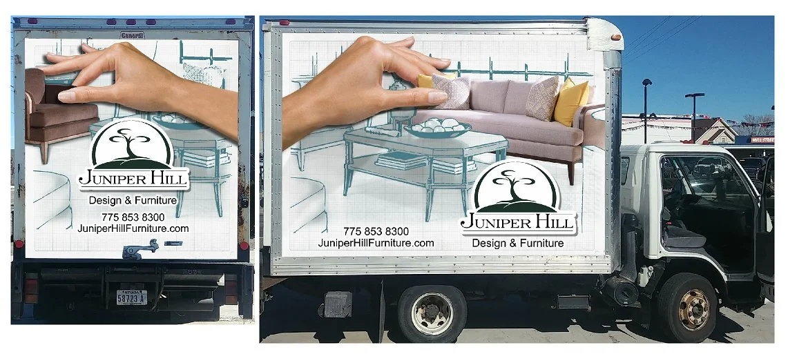 The image shows a moving truck with advertising for Juniper Hill Design & Furniture. The truck features images of furniture, including a hand placing a cushion on a sofa, emphasizing furniture design and delivery services.