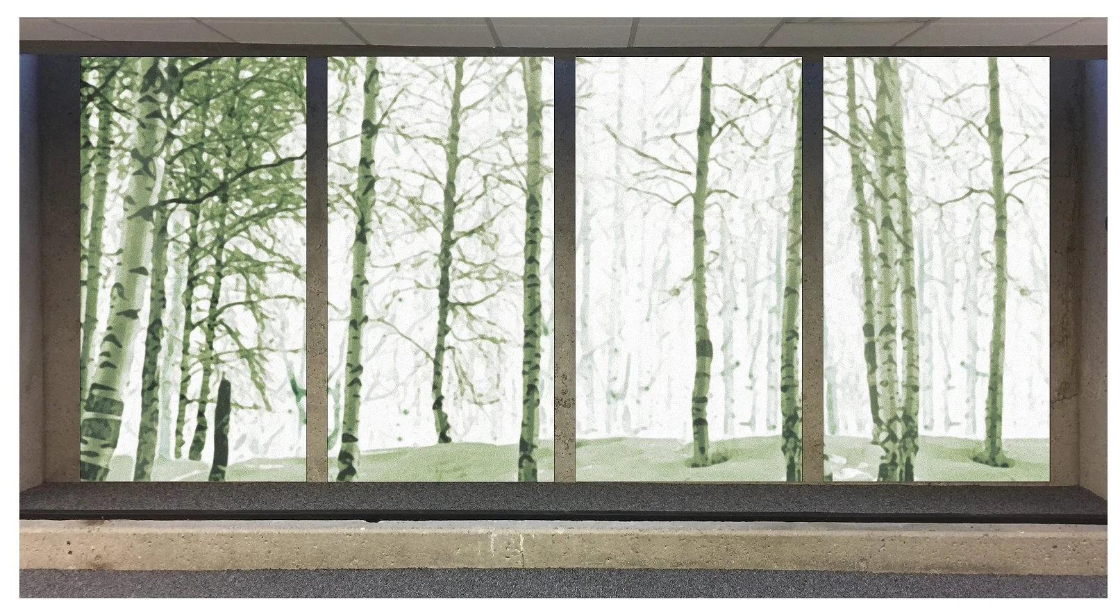 Large glass window with a mural of a forest scene featuring tall, thin trees with light green bark and sparse leaves, creating a serene nature view from indoors.